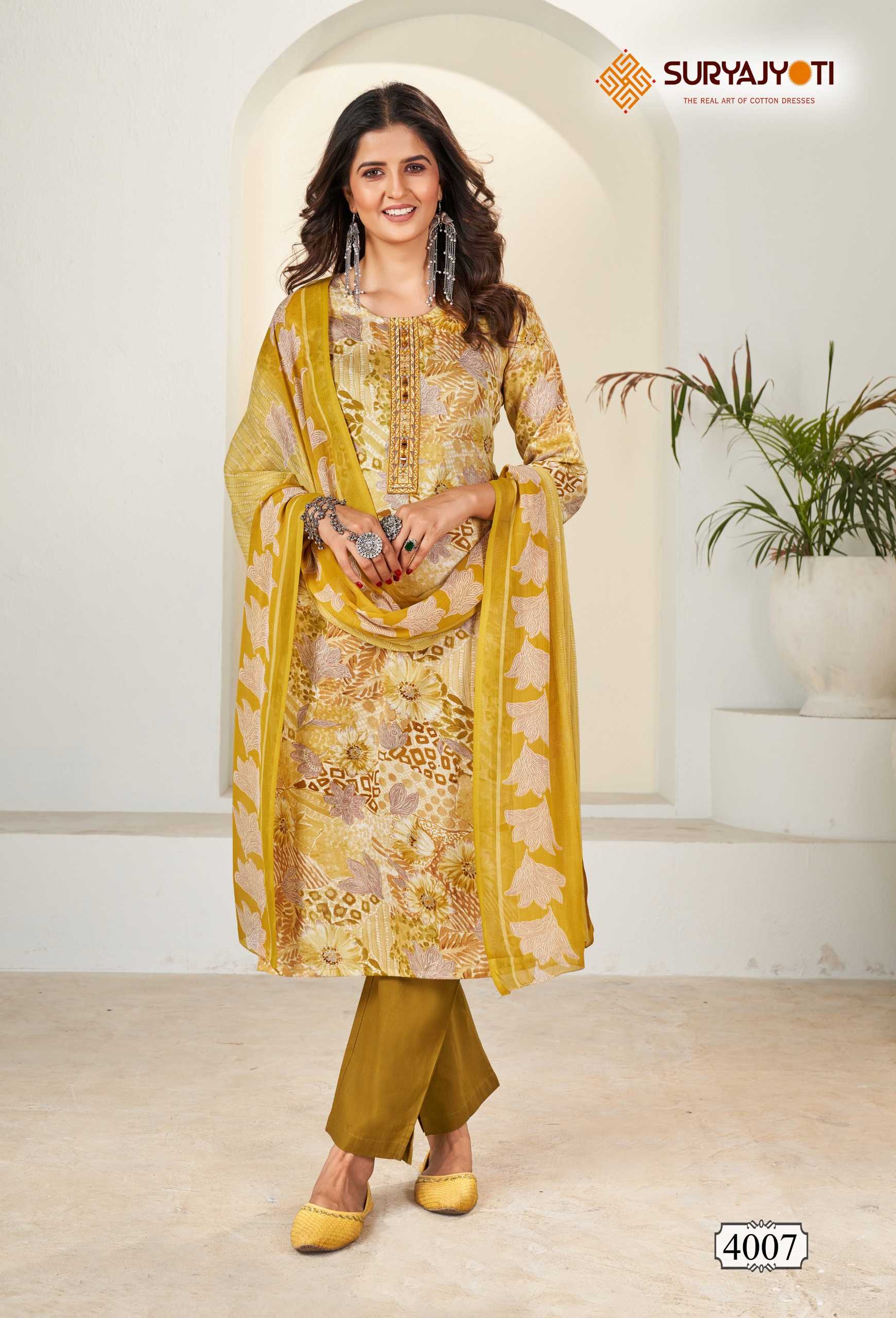 karishma vol 4  by suryajyoti new trendy cotton print neck work full stitch big size salwar suit