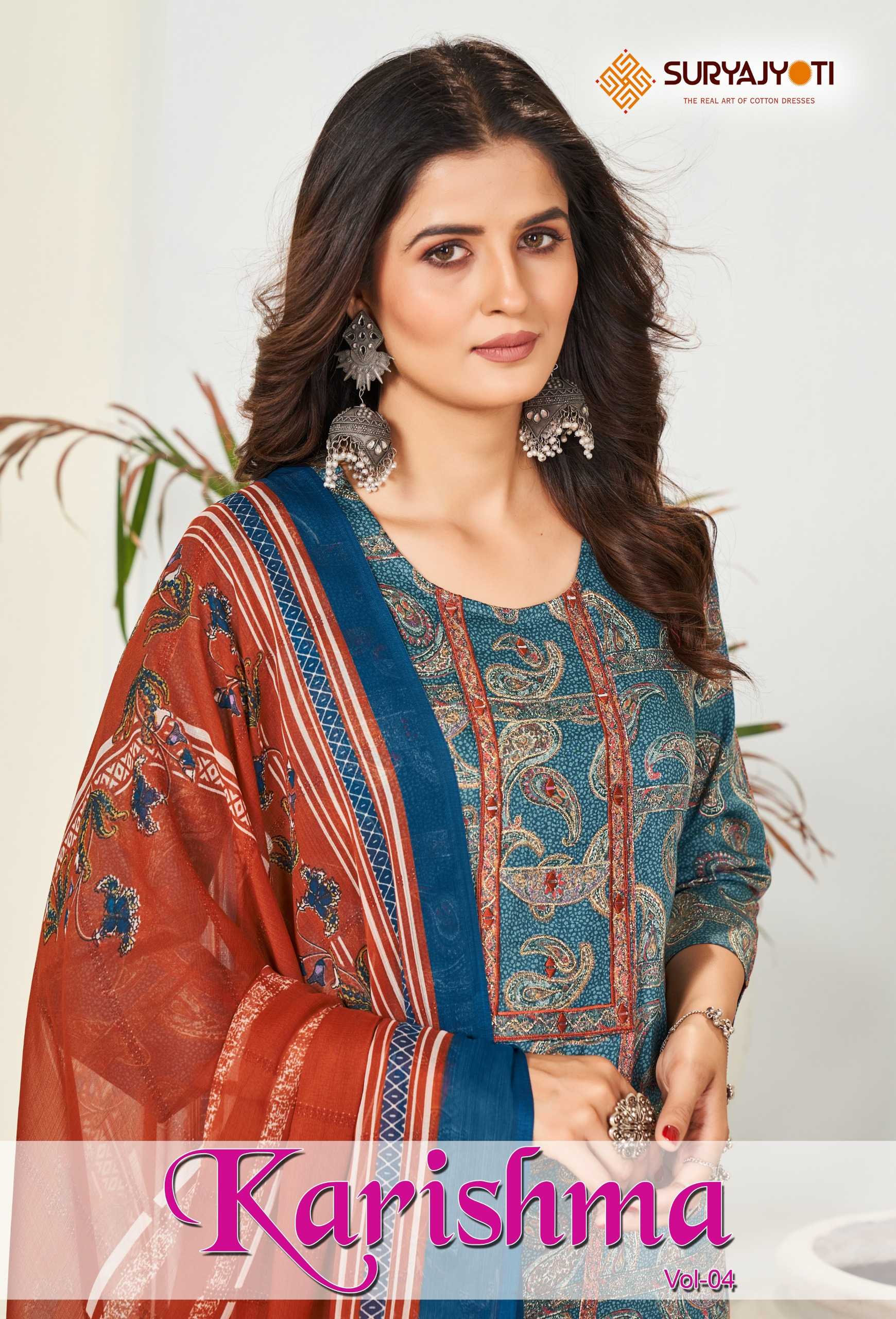 karishma vol 4  by suryajyoti new trendy cotton print neck work full stitch big size salwar suit