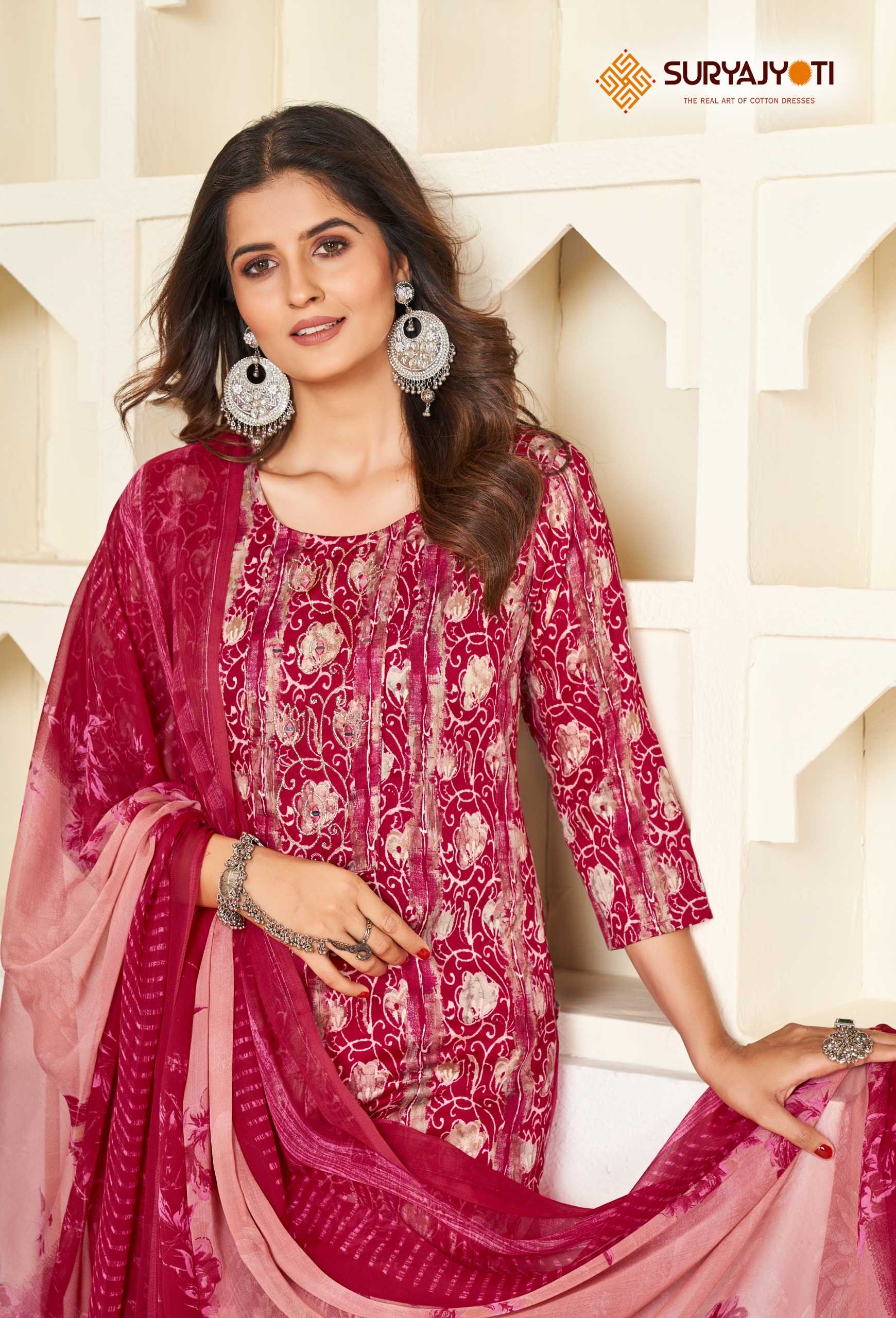 karishma vol 4  by suryajyoti new trendy cotton print neck work full stitch big size salwar suit