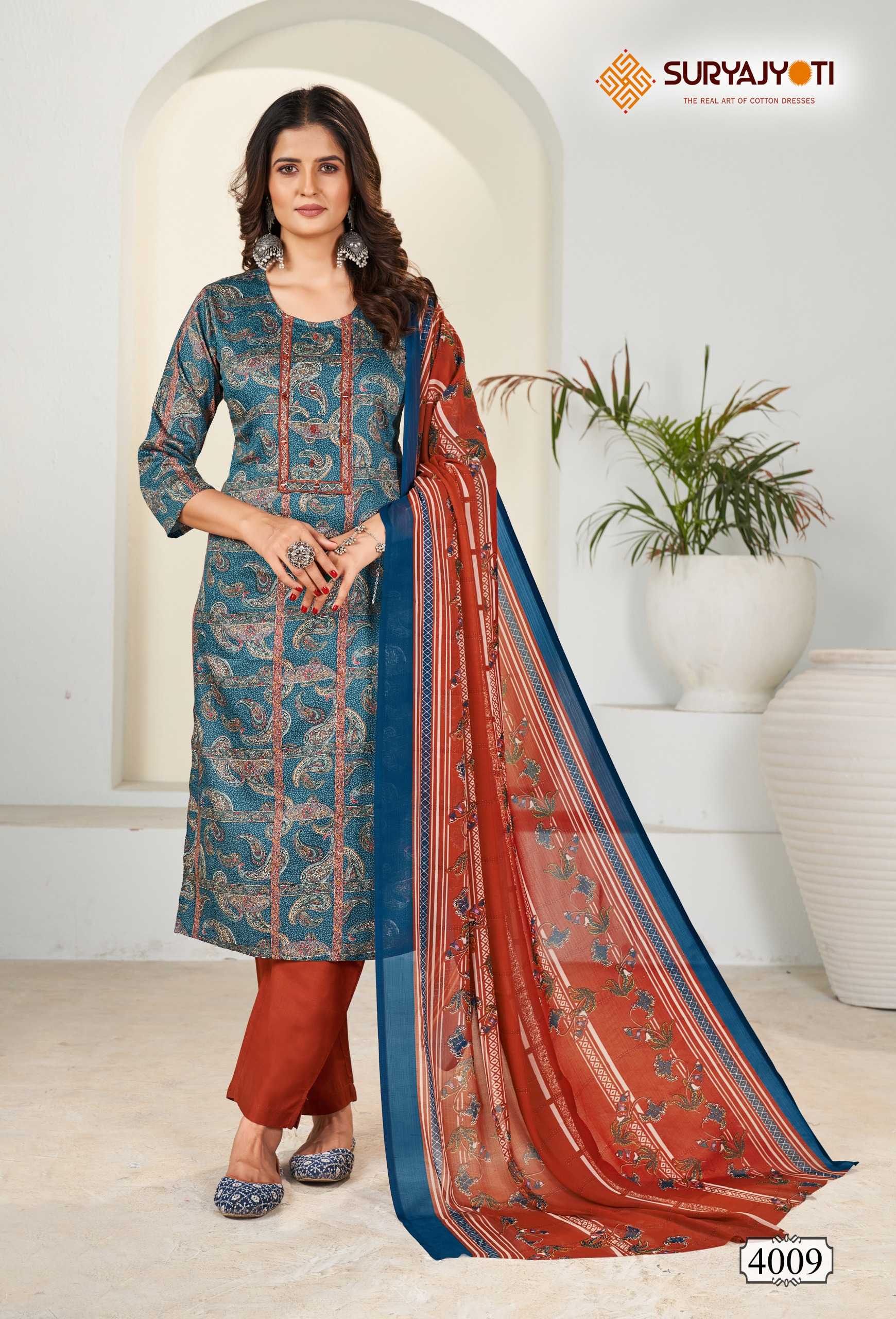 karishma vol 4  by suryajyoti new trendy cotton print neck work full stitch big size salwar suit