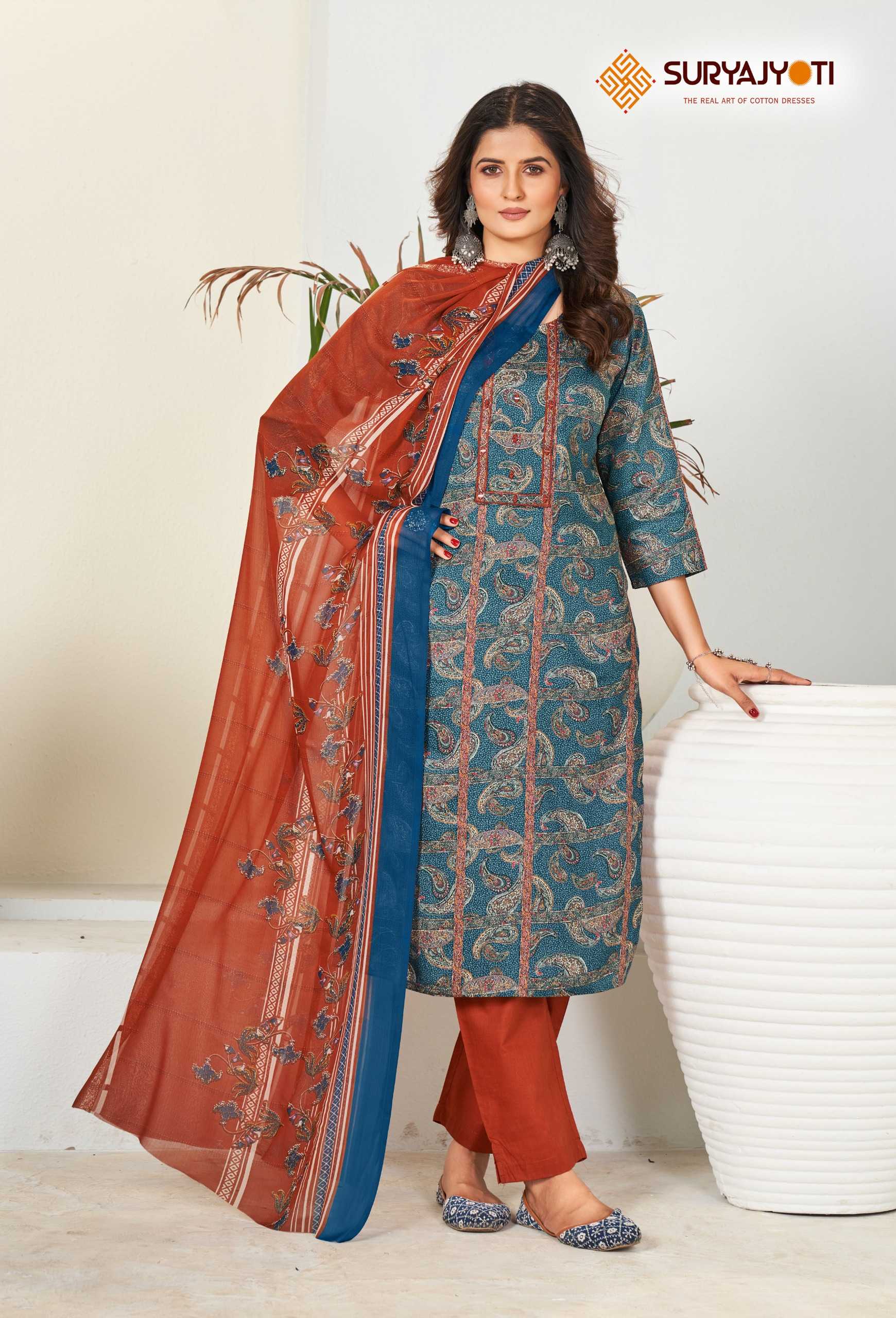 karishma vol 4  by suryajyoti new trendy cotton print neck work full stitch big size salwar suit