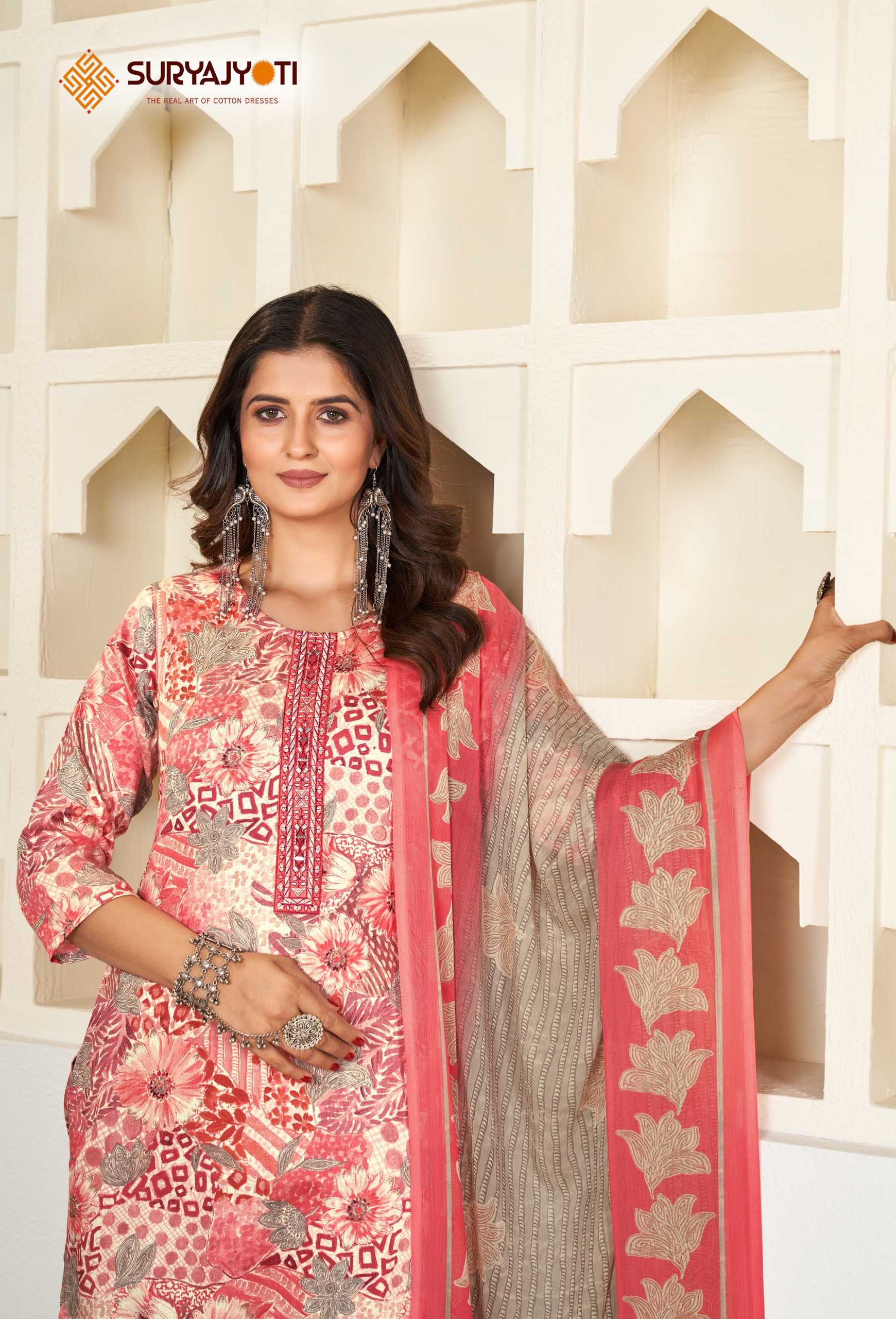 karishma vol 4  by suryajyoti new trendy cotton print neck work full stitch big size salwar suit