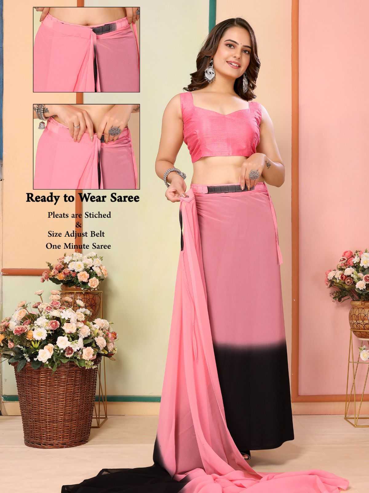 korea stylish georgette pleats are stitch size adjust belt one minute saree exports 