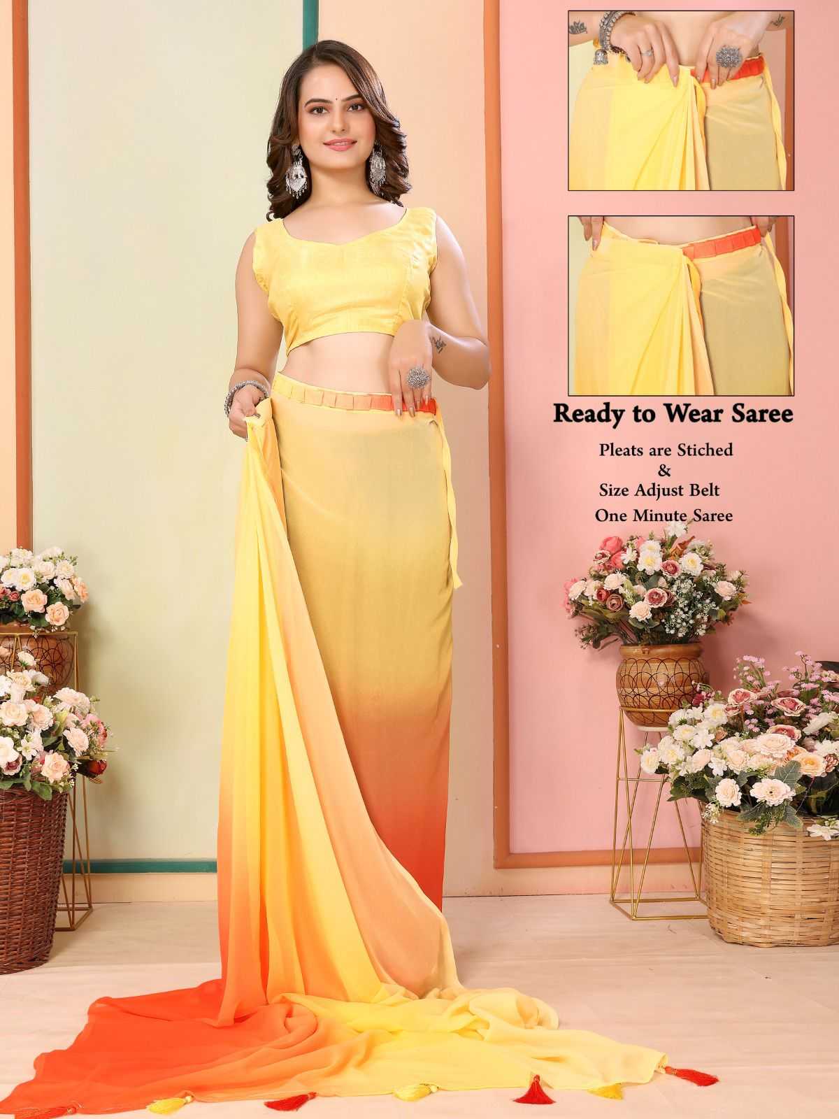 korea stylish georgette pleats are stitch size adjust belt one minute saree exports 
