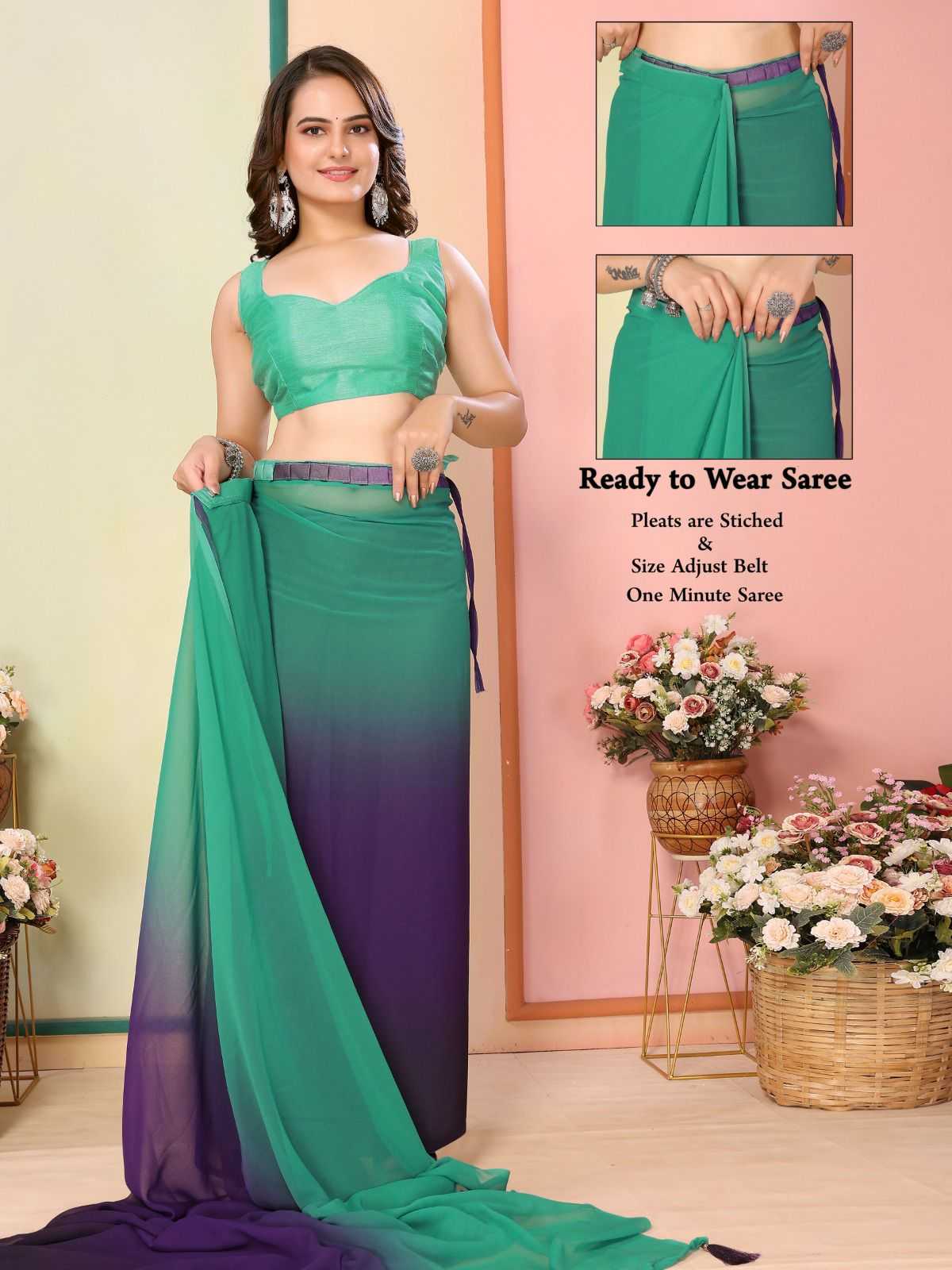 korea stylish georgette pleats are stitch size adjust belt one minute saree exports 