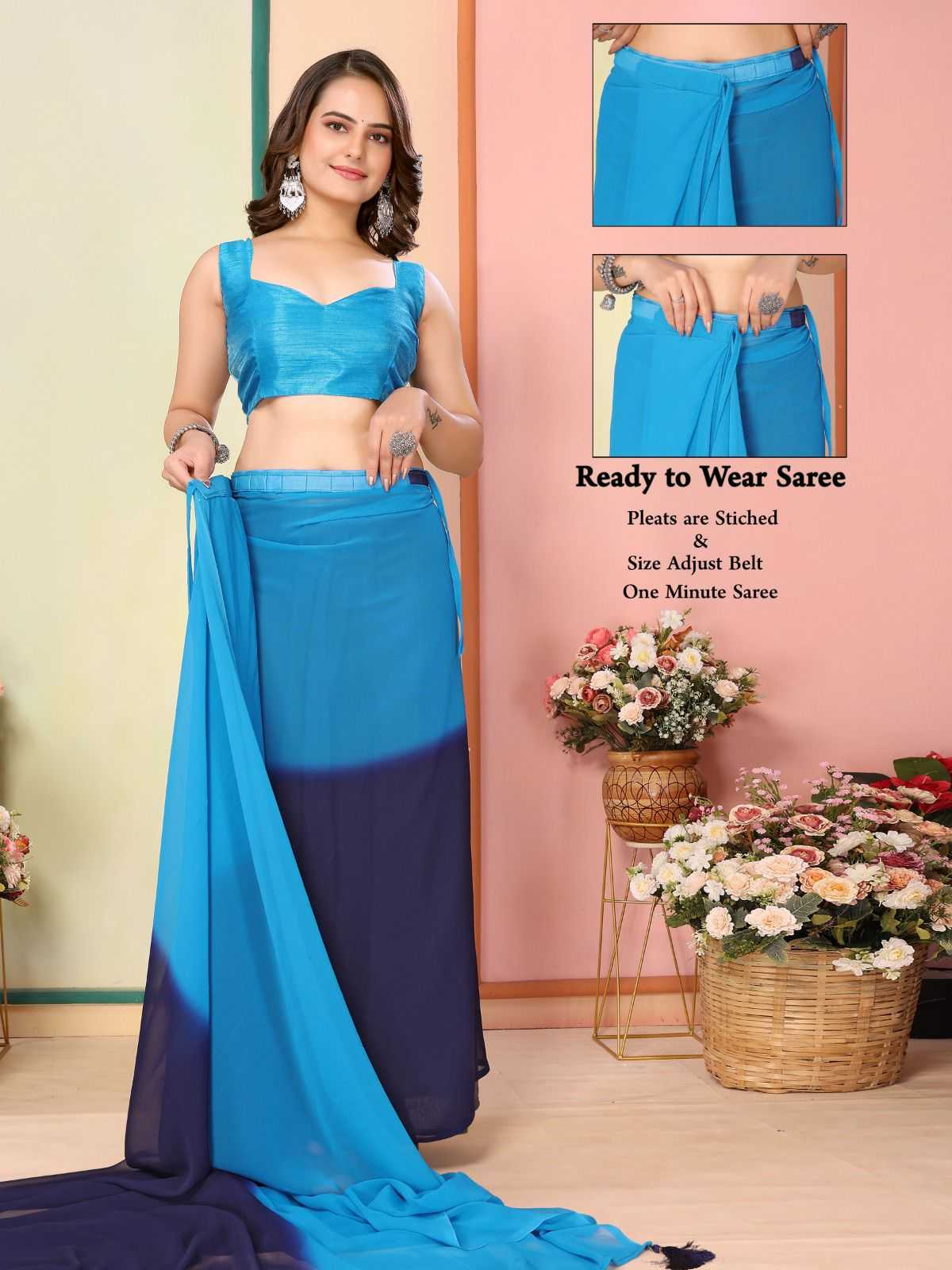 korea stylish georgette pleats are stitch size adjust belt one minute saree exports 
