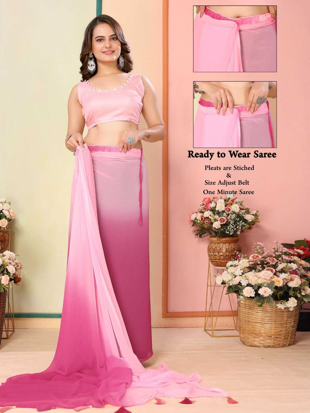 korea stylish georgette pleats are stitch size adjust belt one minute saree exports 