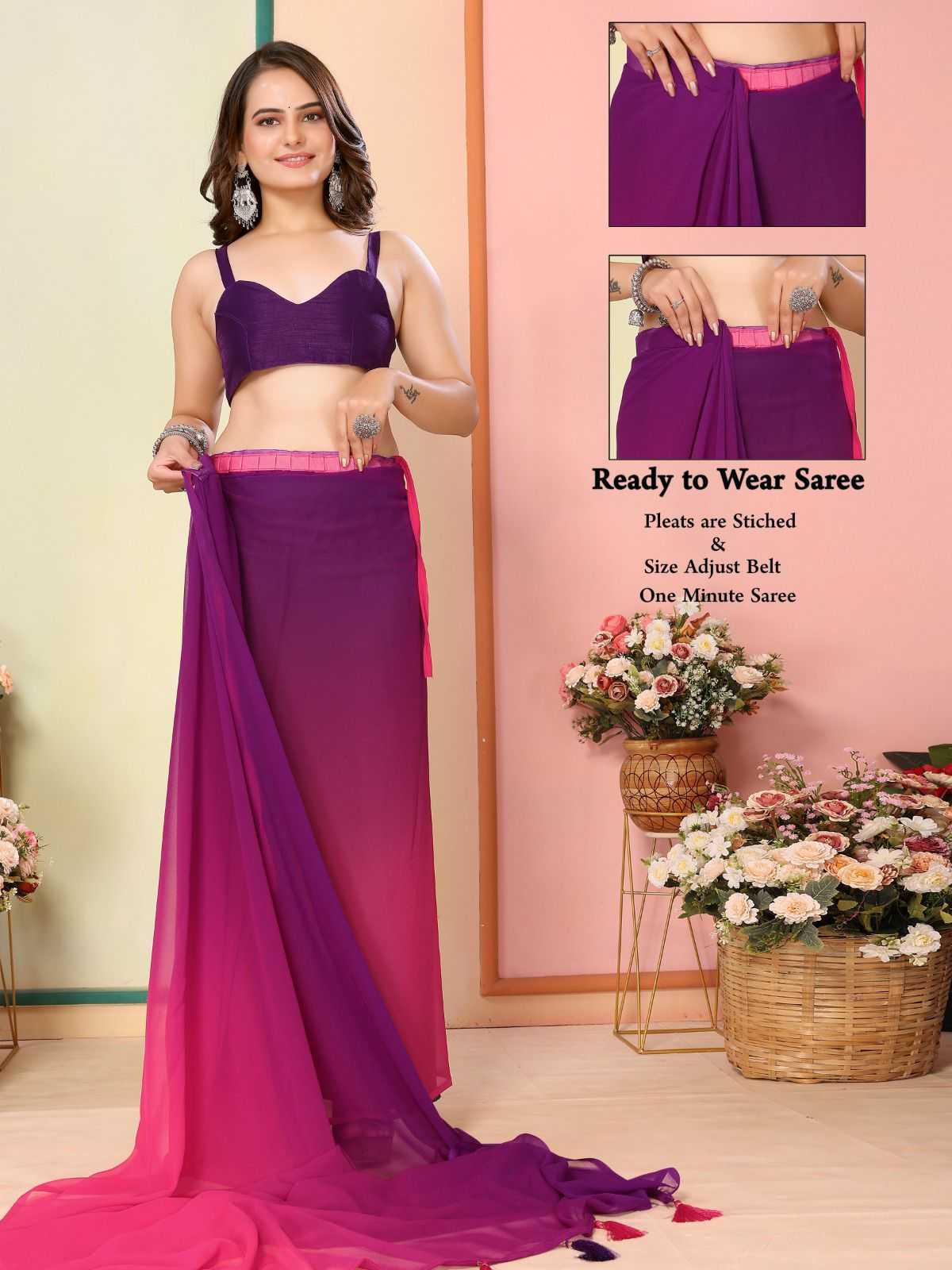 korea stylish georgette pleats are stitch size adjust belt one minute saree exports 