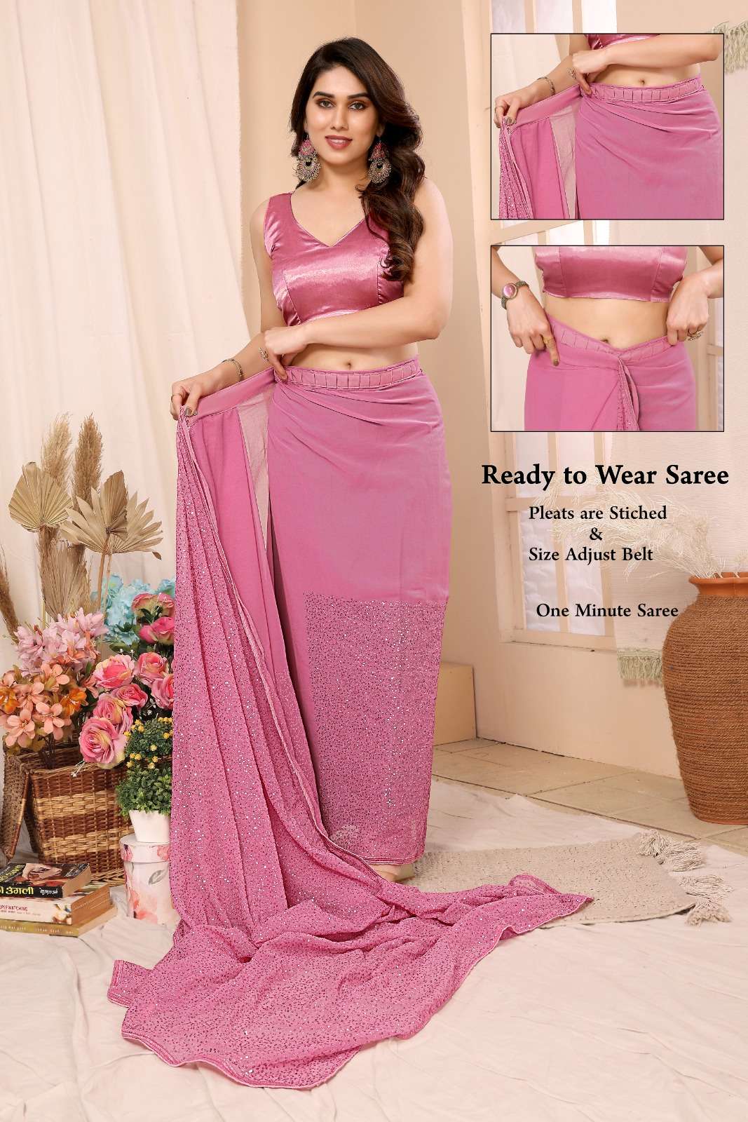 pr ananta super hit design fancy georgette pleats are stitch size adjust belt one minute saree