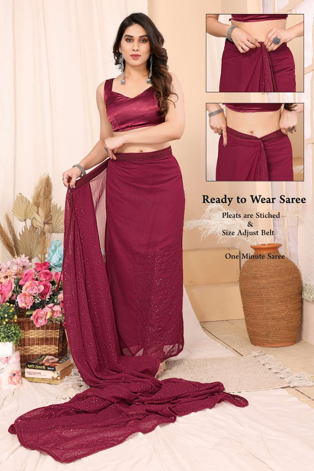 pr ananta super hit design fancy georgette pleats are stitch size adjust belt one minute saree
