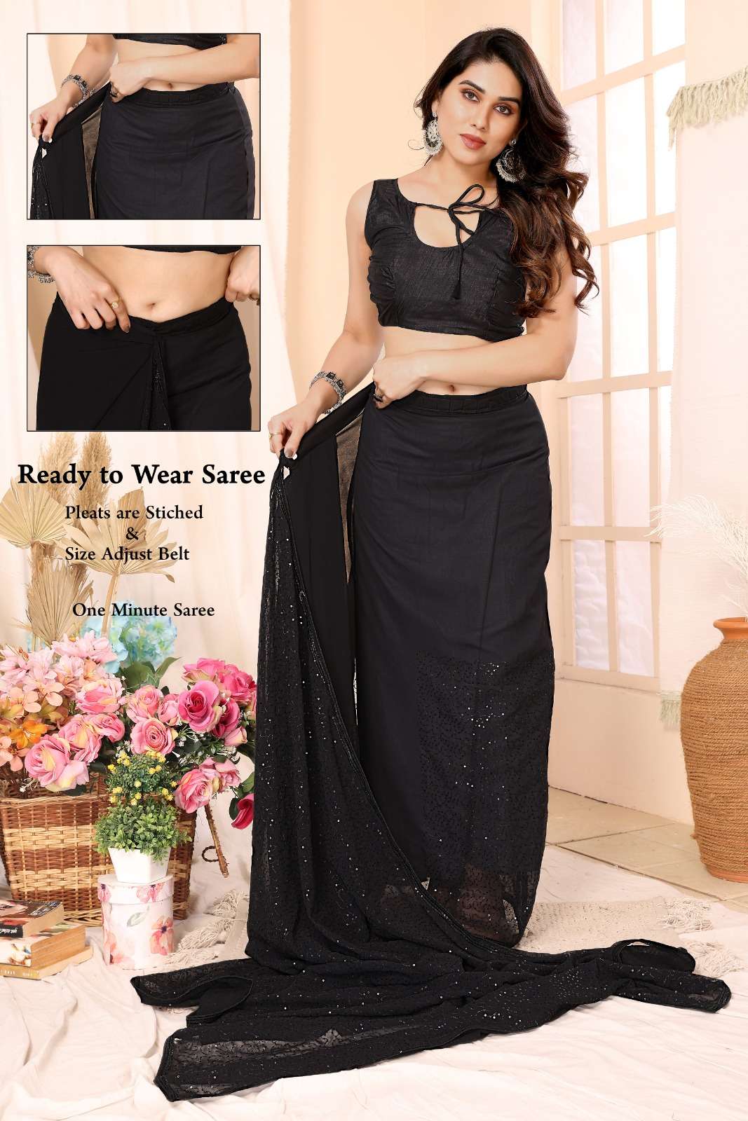 pr ananta super hit design fancy georgette pleats are stitch size adjust belt one minute saree