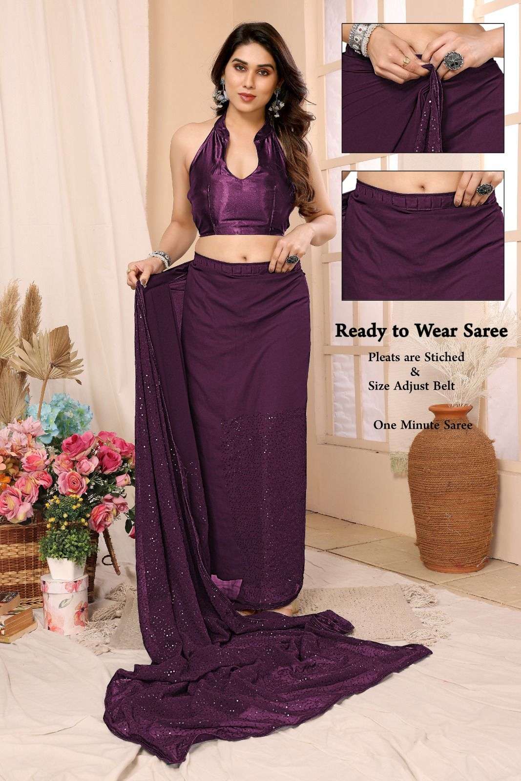 pr ananta super hit design fancy georgette pleats are stitch size adjust belt one minute saree