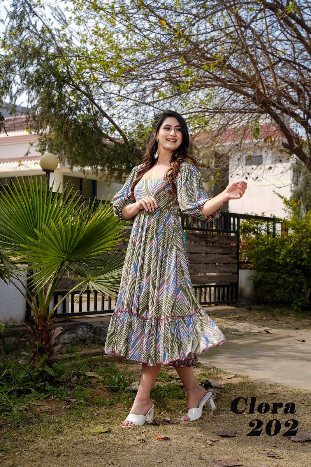 pr clora vol 2 fancy rayon readymade beautiful printed big size flair gown collection 