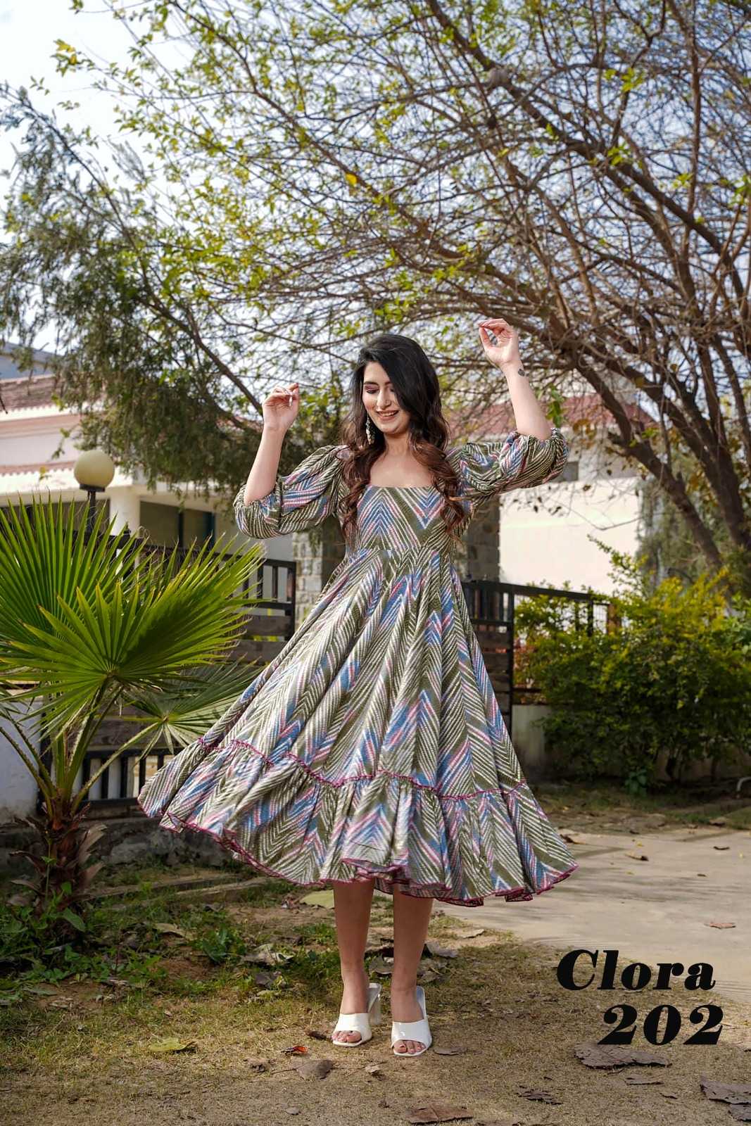 pr clora vol 2 fancy rayon readymade beautiful printed big size flair gown collection 