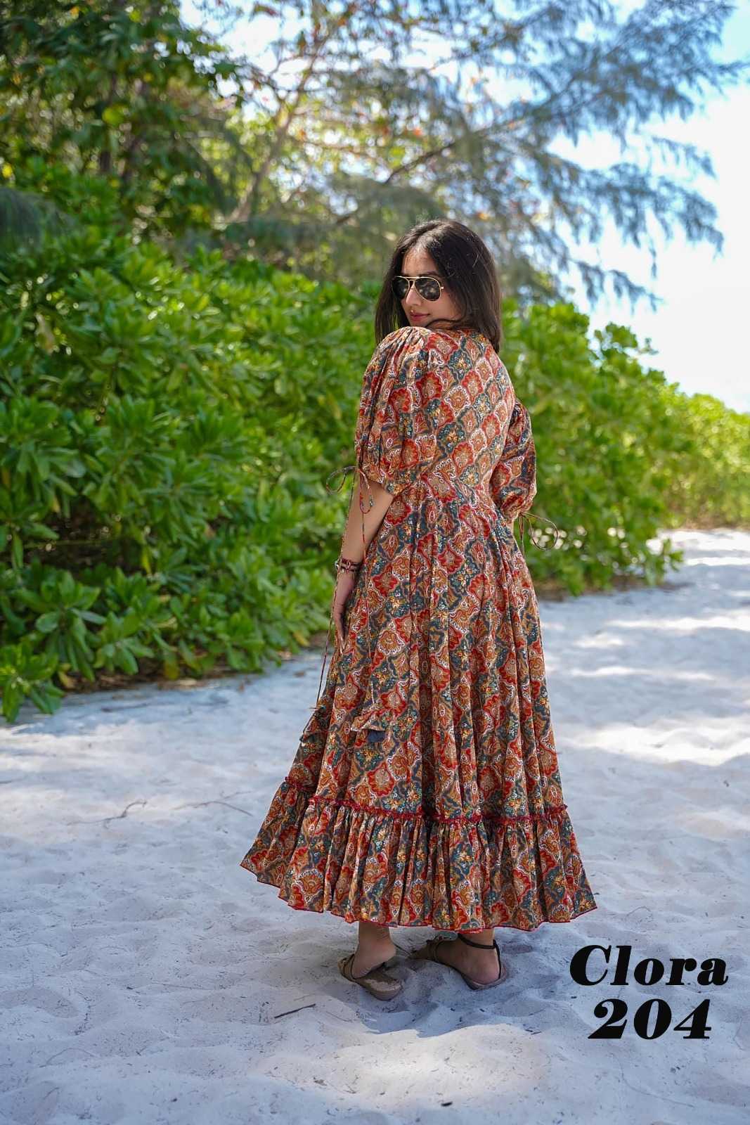 pr clora vol 2 fancy rayon readymade beautiful printed big size flair gown collection 