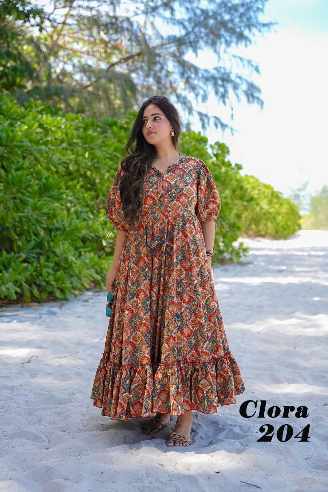 pr clora vol 2 fancy rayon readymade beautiful printed big size flair gown collection 
