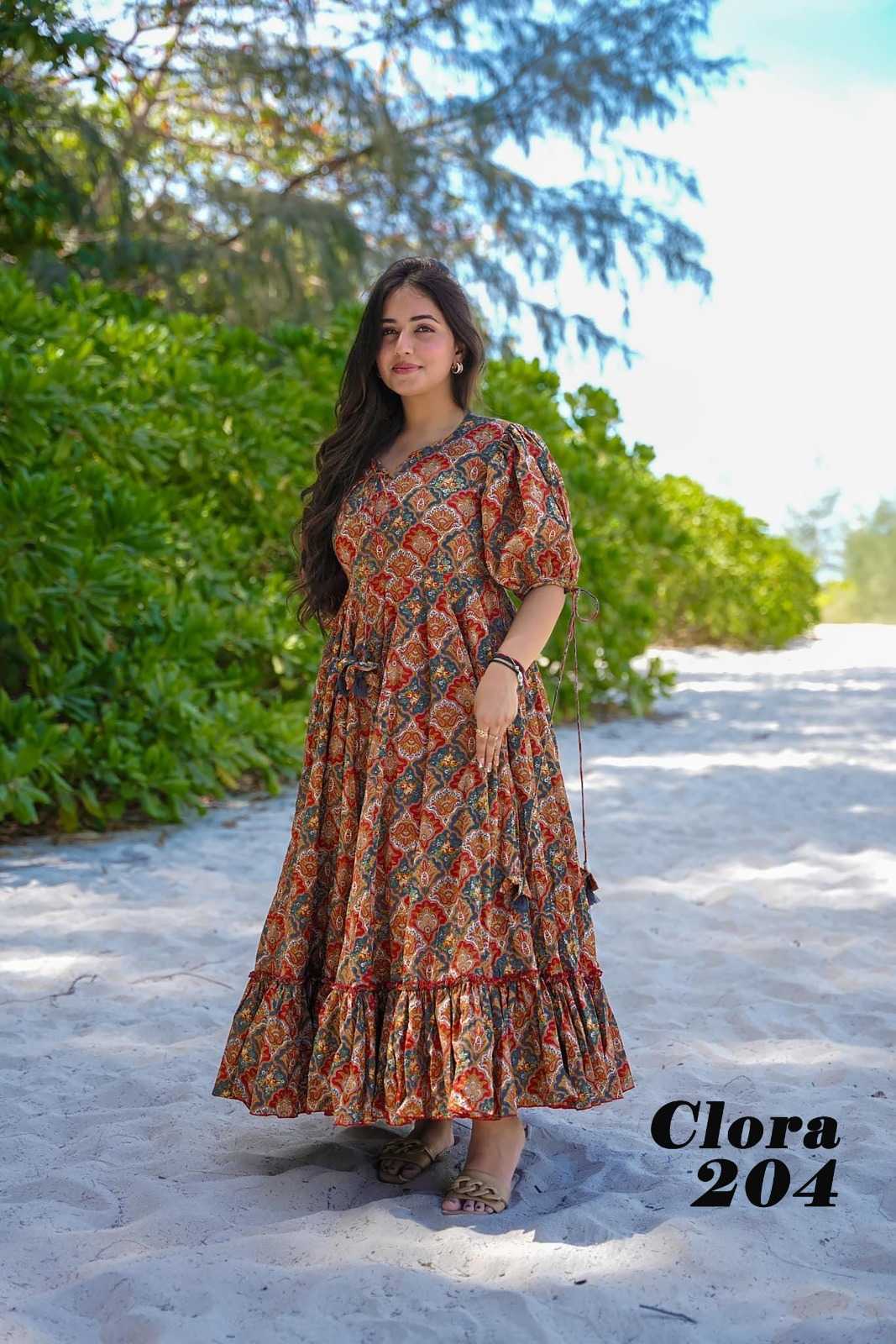 pr clora vol 2 fancy rayon readymade beautiful printed big size flair gown collection 
