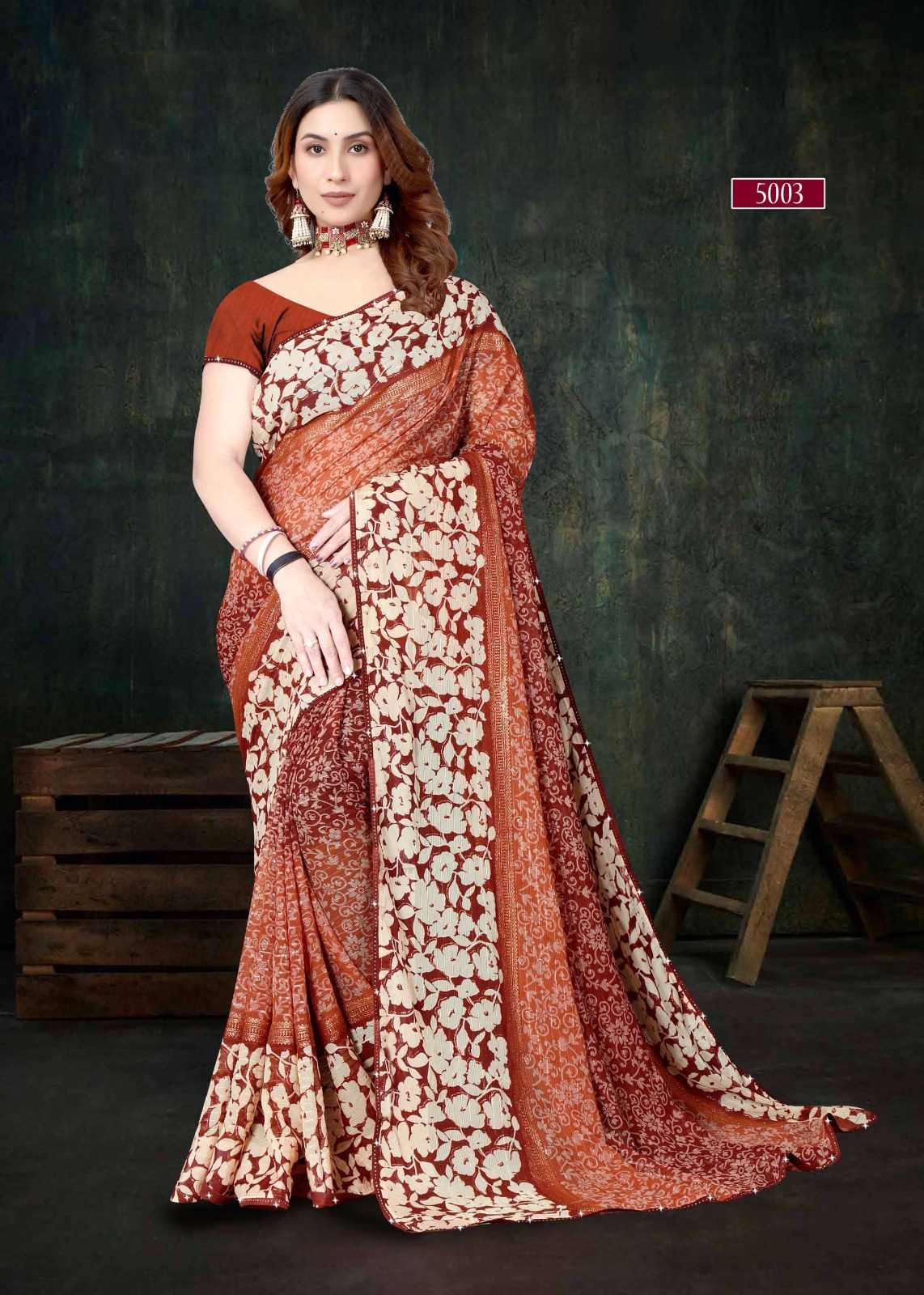 pr heer 5001-5008 adorable fancy sirojkey work border saree with blouse for best rate