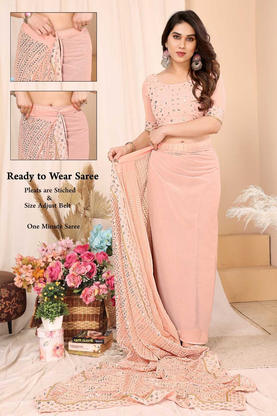 pr reshma new launch georgette party wear stitch pleats size adjust belt one minute saree
