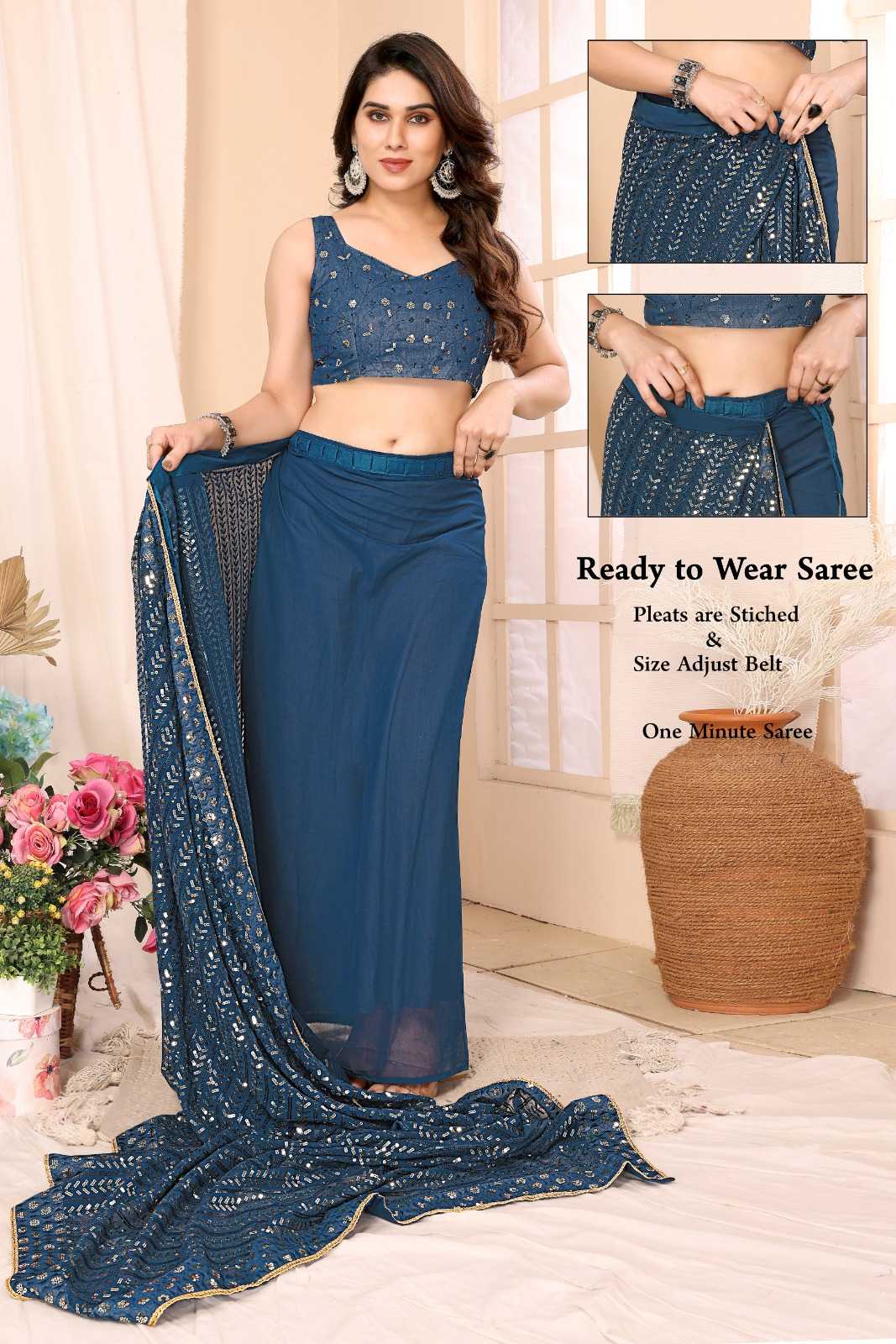 pr reshma new launch georgette party wear stitch pleats size adjust belt one minute saree