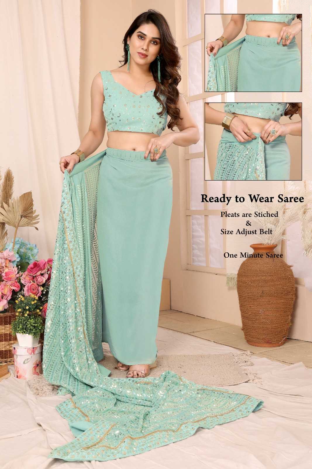 pr reshma new launch georgette party wear stitch pleats size adjust belt one minute saree