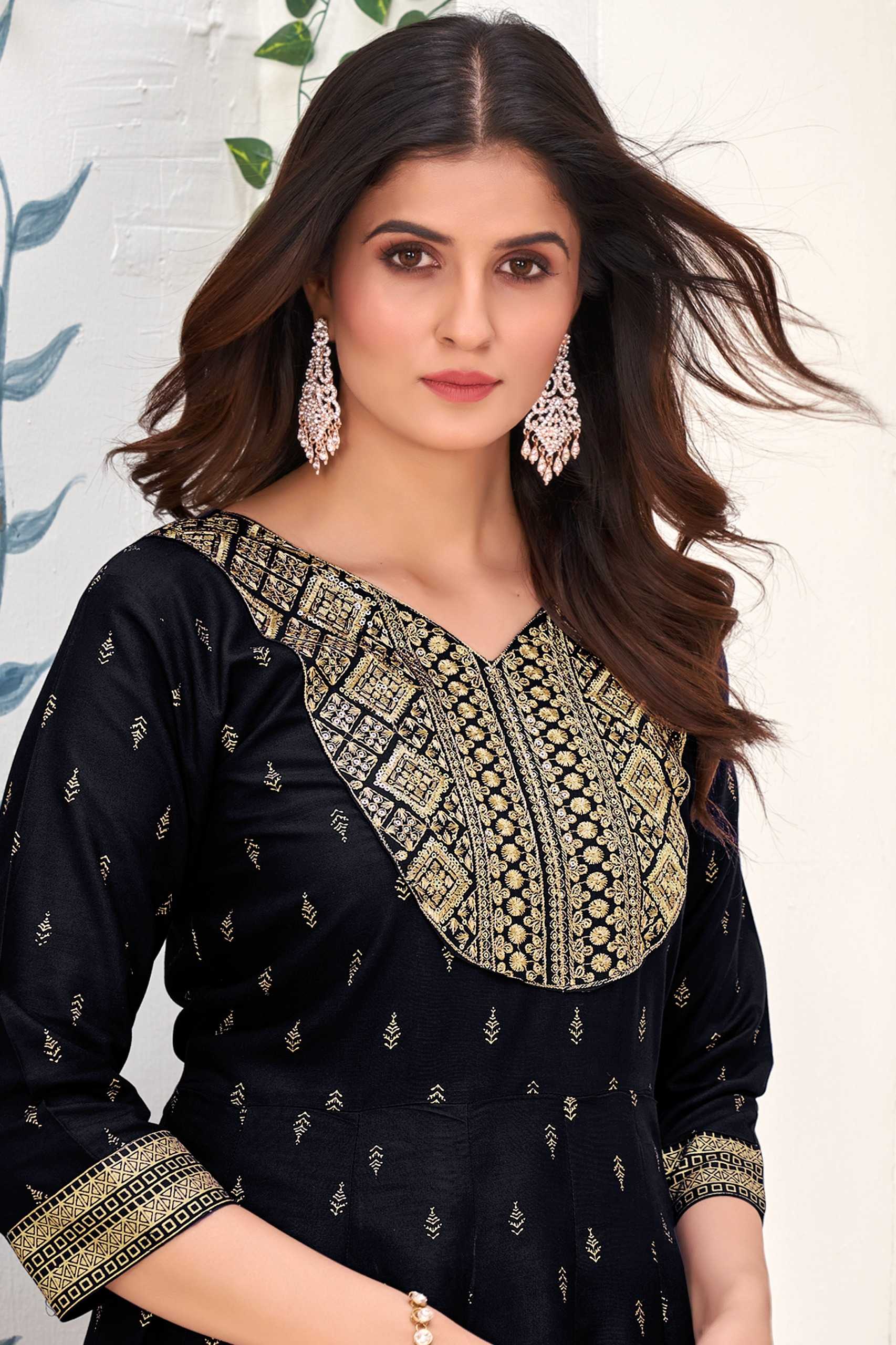 pr samantha embroidery with sequence foil work full stitch big size daily wear fancy flair kurti 