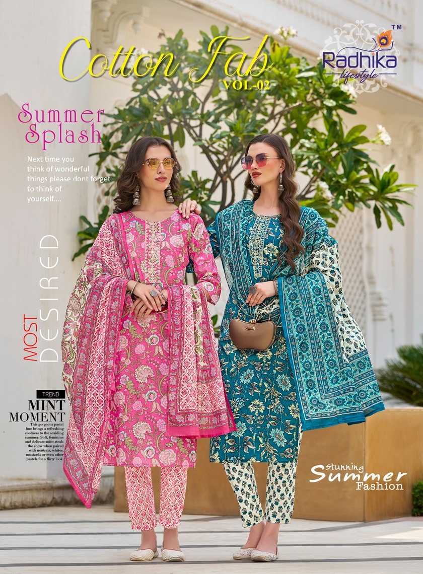 radhika lifestyle launch cotton fab vol 2 full stitch cotton print embroidery work big size salwar suit 