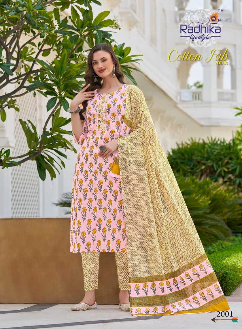 radhika lifestyle launch cotton fab vol 2 full stitch cotton print embroidery work big size salwar suit 