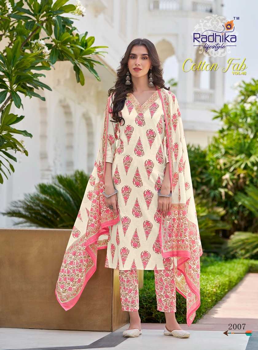 radhika lifestyle launch cotton fab vol 2 full stitch cotton print embroidery work big size salwar suit 