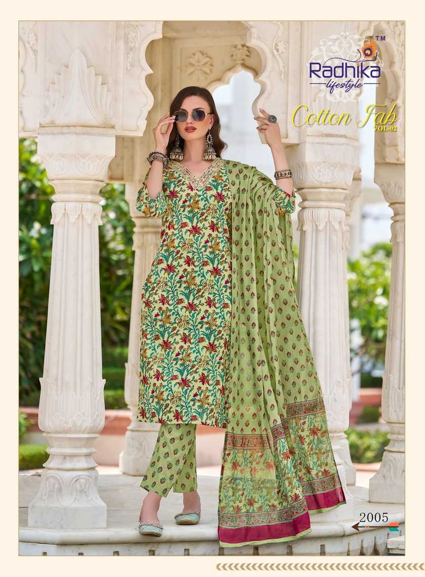 radhika lifestyle launch cotton fab vol 2 full stitch cotton print embroidery work big size salwar suit 