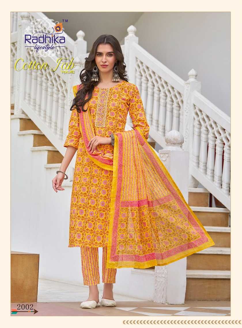 radhika lifestyle launch cotton fab vol 2 full stitch cotton print embroidery work big size salwar suit 