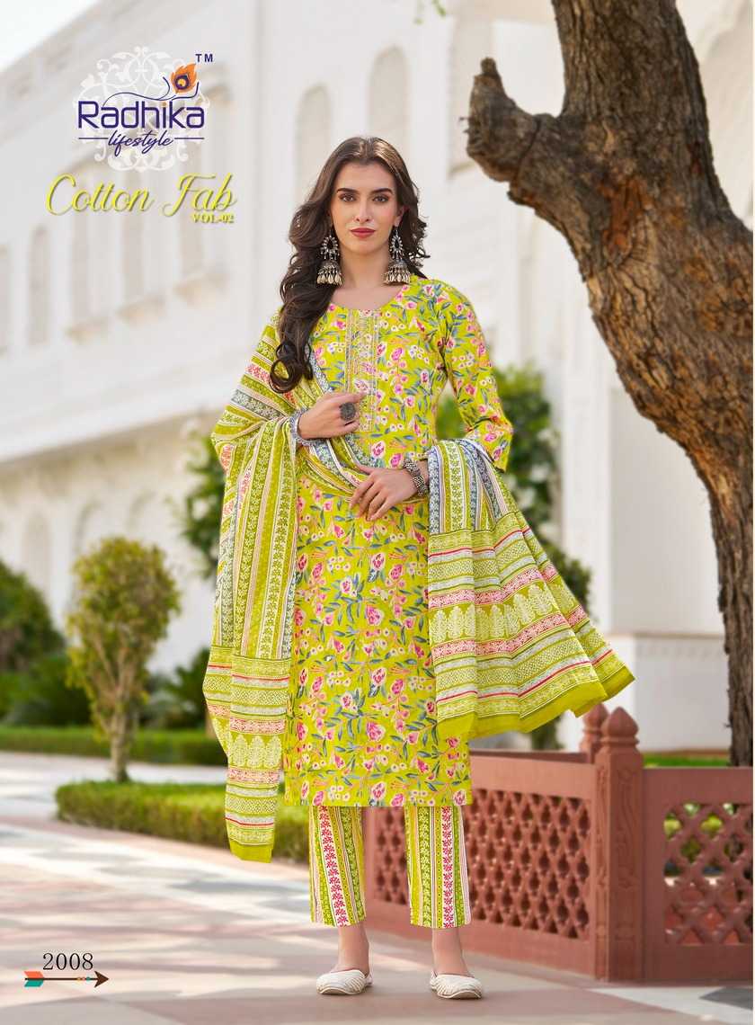 radhika lifestyle launch cotton fab vol 2 full stitch cotton print embroidery work big size salwar suit 