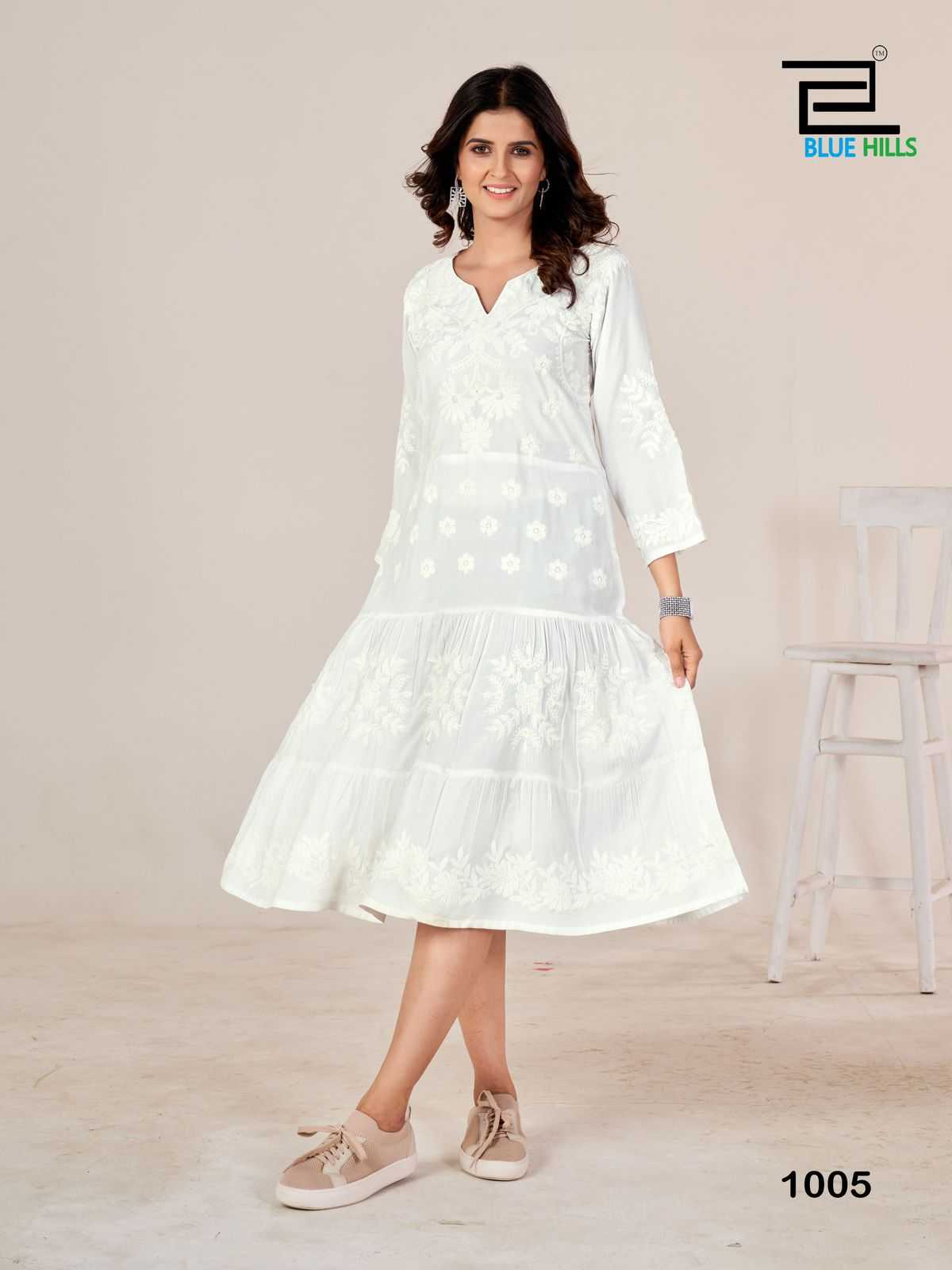 blue hills kiara vol 10 rayon lucknowi work full stitch big size stylish outfit long kurti 