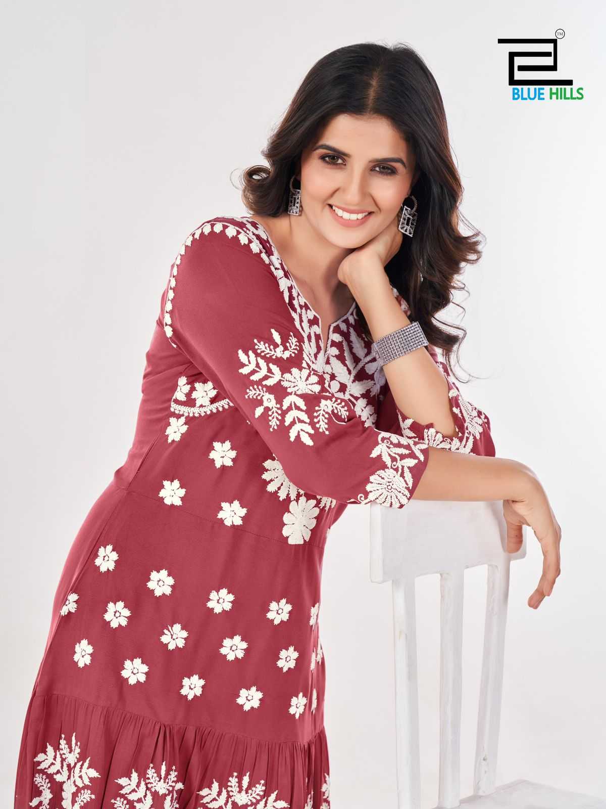 blue hills kiara vol 10 rayon lucknowi work full stitch big size stylish outfit long kurti 