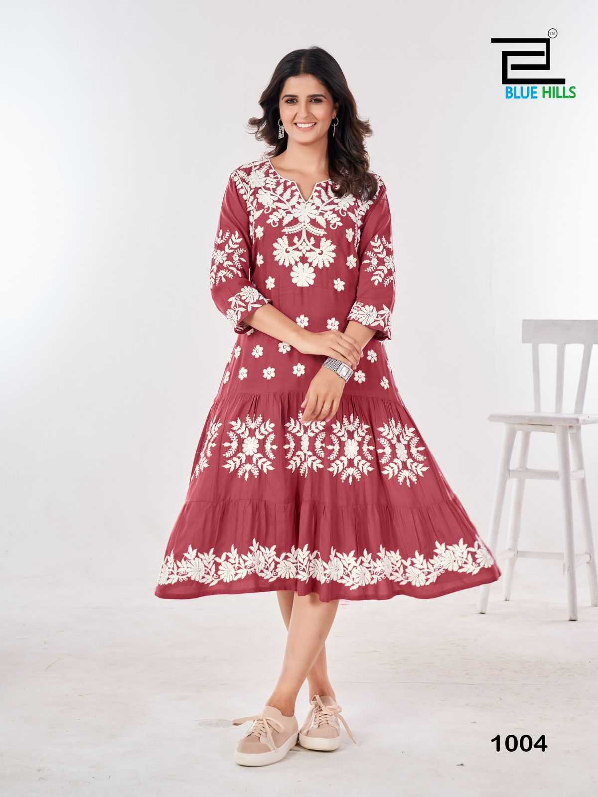 blue hills kiara vol 10 rayon lucknowi work full stitch big size stylish outfit long kurti 