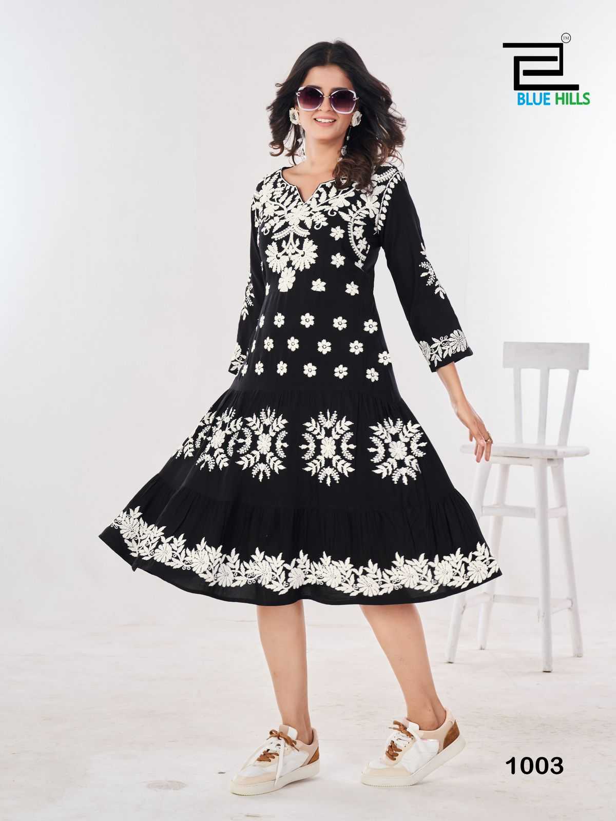 blue hills kiara vol 10 rayon lucknowi work full stitch big size stylish outfit long kurti 