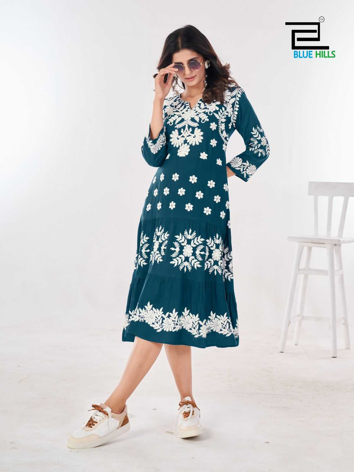 blue hills kiara vol 10 rayon lucknowi work full stitch big size stylish outfit long kurti 