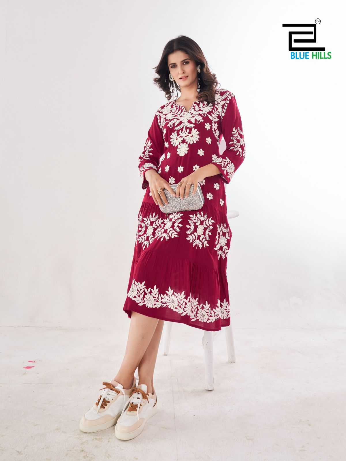 blue hills kiara vol 10 rayon lucknowi work full stitch big size stylish outfit long kurti 
