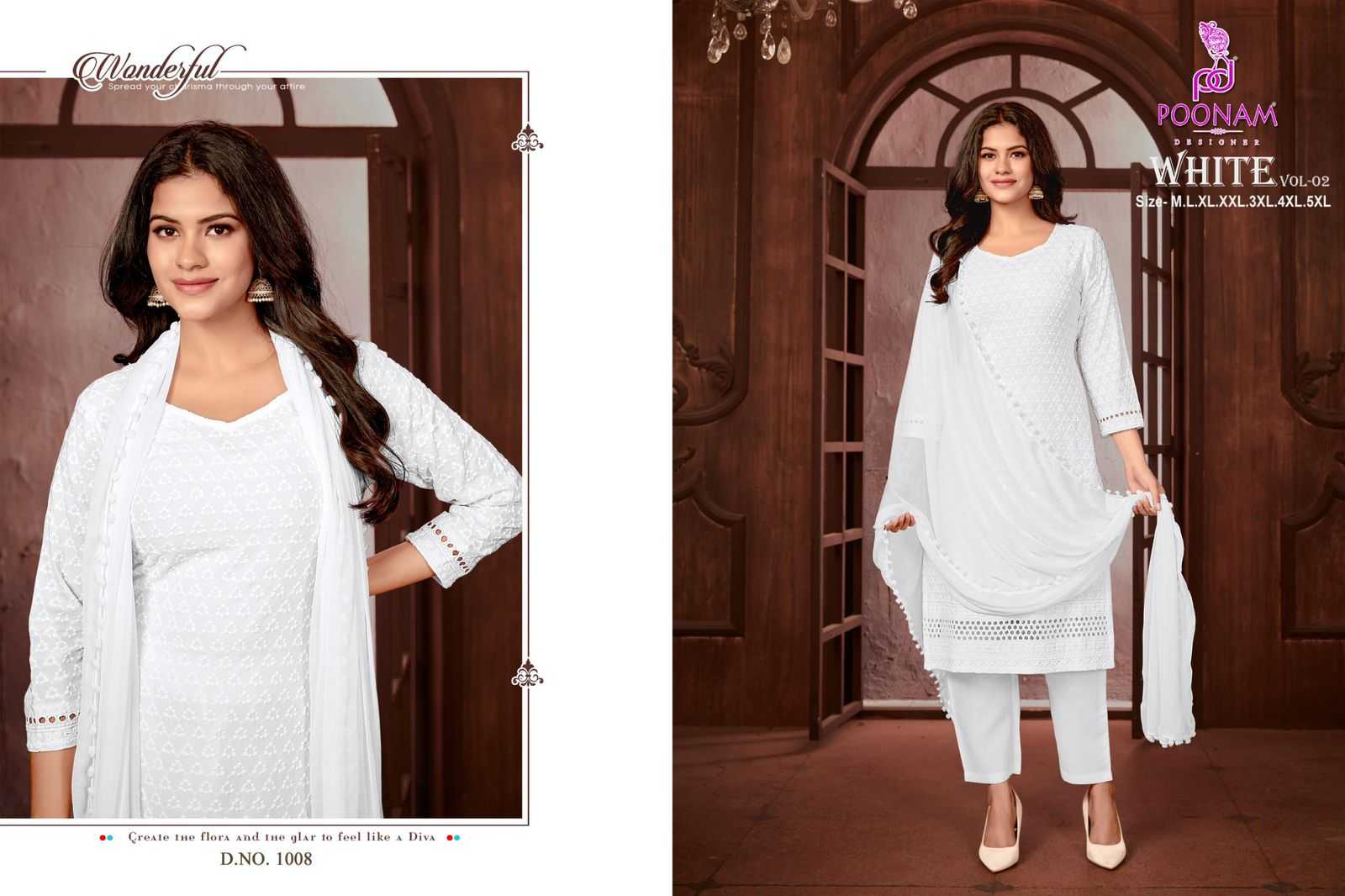 poonam designer white vol 2 beautiful look chikan work readymade big size salwar suit