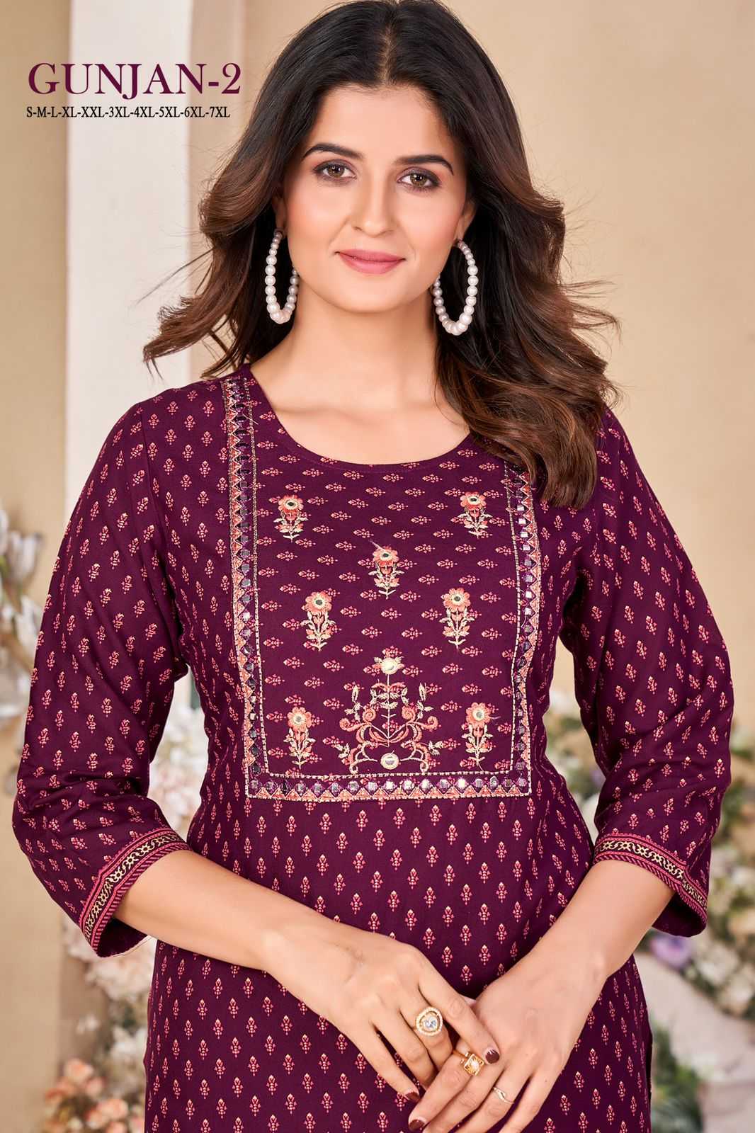 pr gunjan vol 2 rayon gold khadi print embroidery work full stitch big size kurti