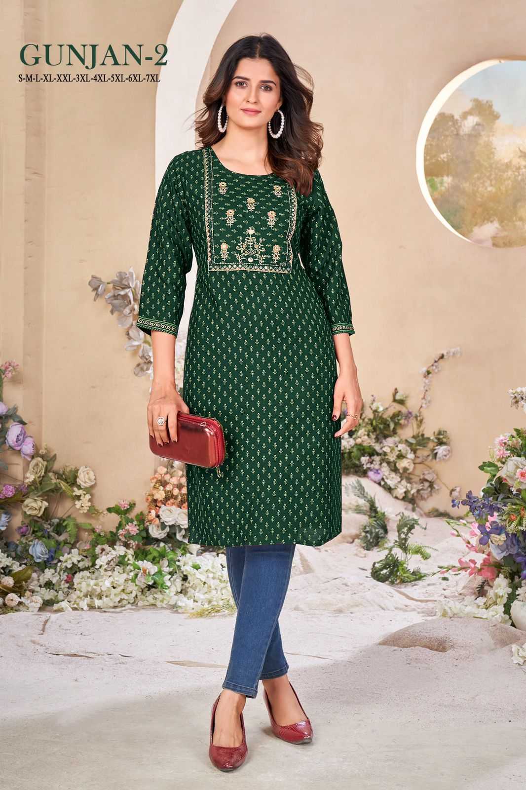 pr gunjan vol 2 rayon gold khadi print embroidery work full stitch big size kurti