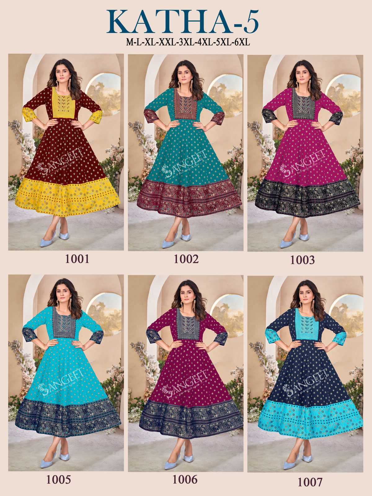 pr katha vol 5 rayon multi colour gold embroidery work full stitch big size frock style kurti 