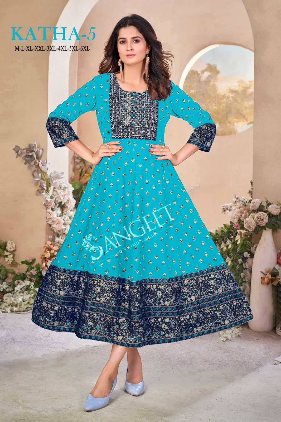 pr katha vol 5 rayon multi colour gold embroidery work full stitch big size frock style kurti 