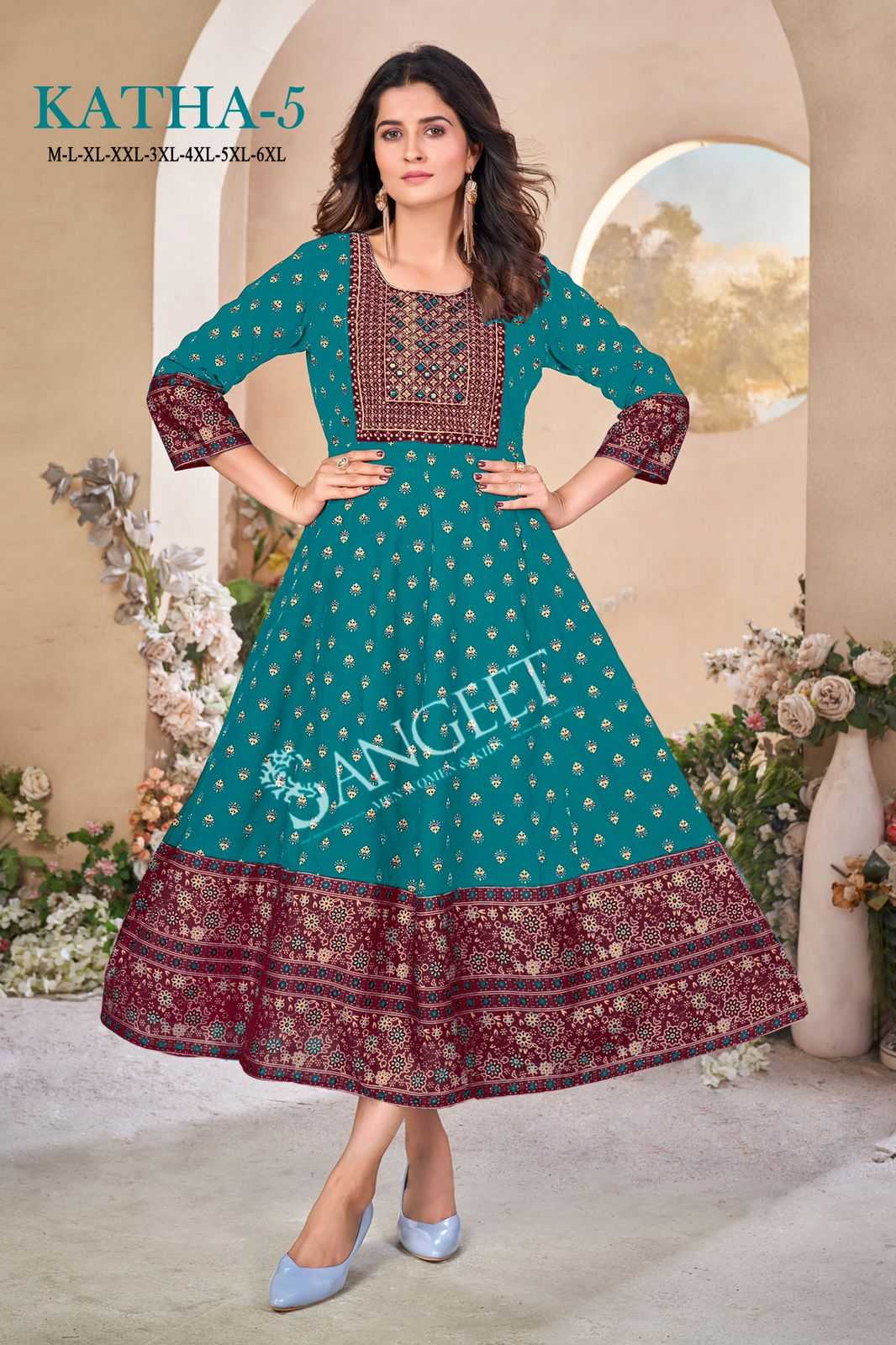 pr katha vol 5 rayon multi colour gold embroidery work full stitch big size frock style kurti 