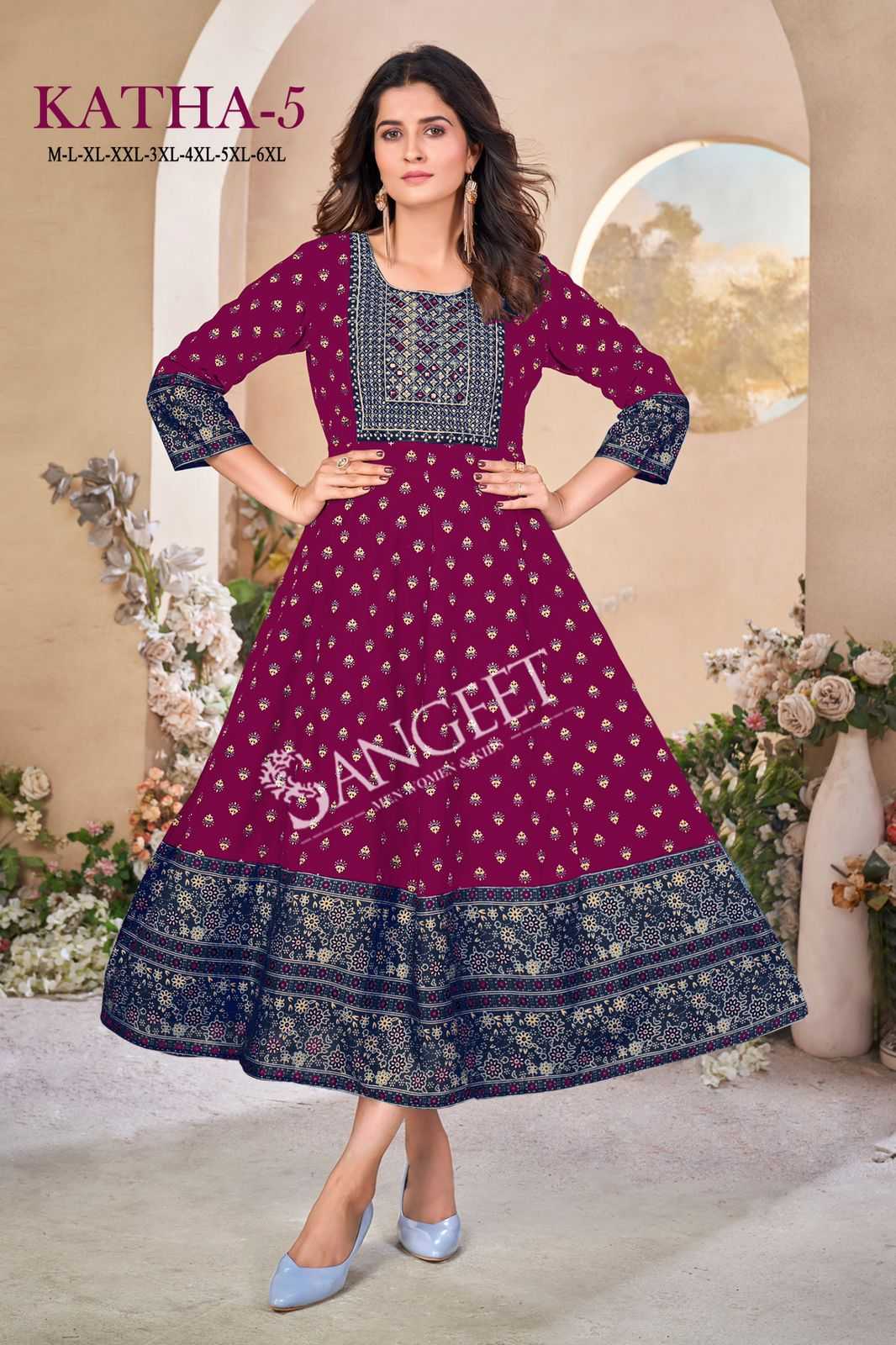 pr katha vol 5 rayon multi colour gold embroidery work full stitch big size frock style kurti 