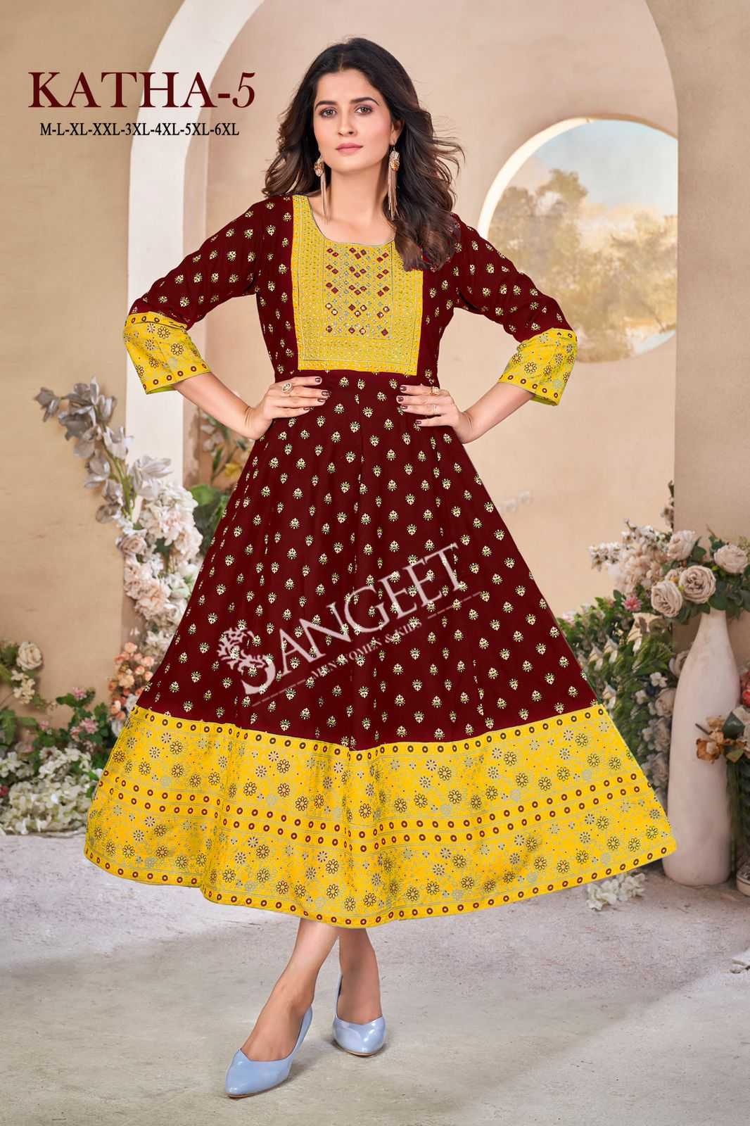 pr katha vol 5 rayon multi colour gold embroidery work full stitch big size frock style kurti 