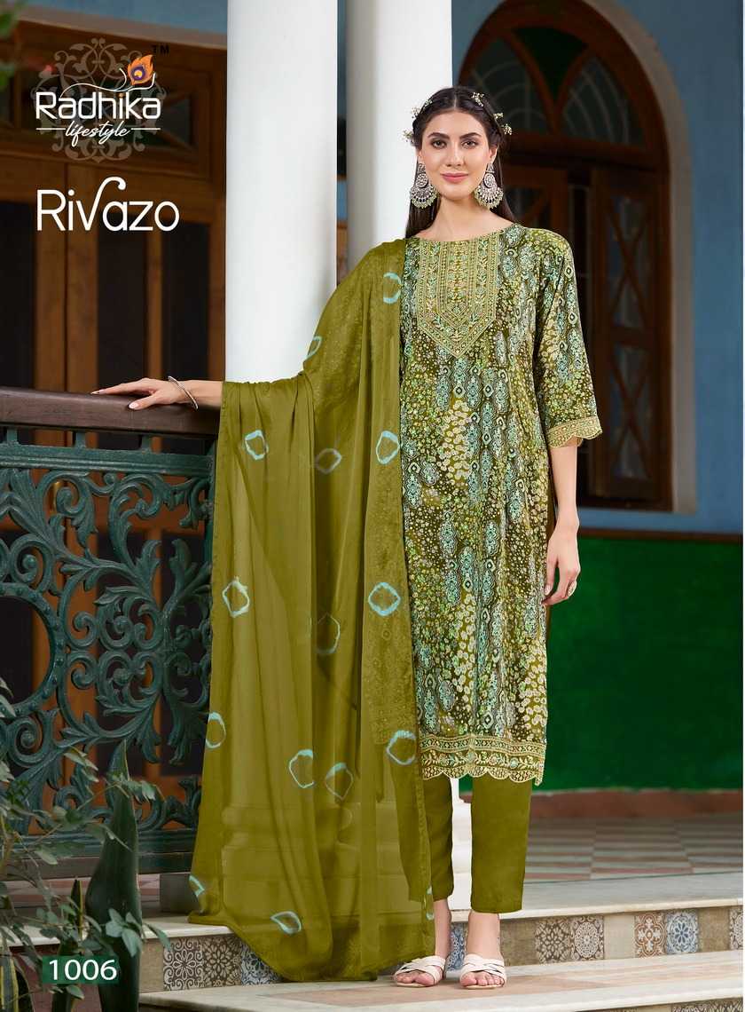 rivazo vol 1 by radhika embroidery work full stitch pretty look big size 3pcs dress