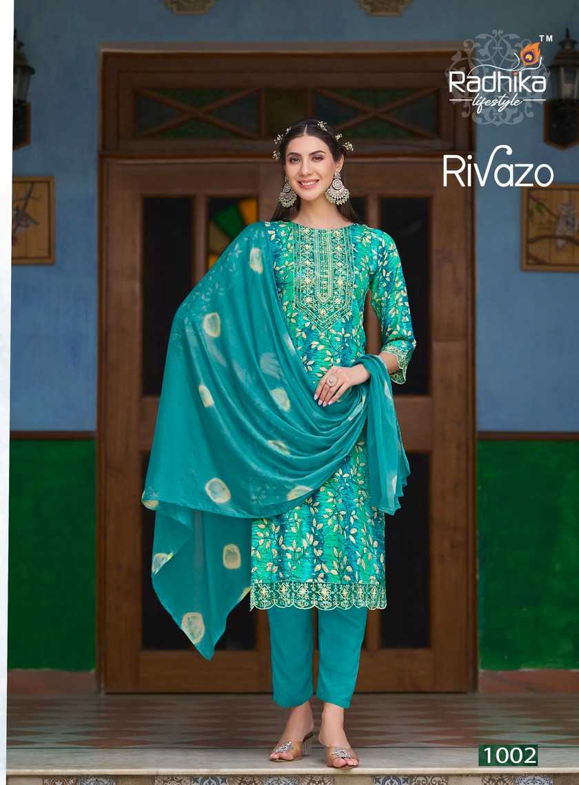rivazo vol 1 by radhika embroidery work full stitch pretty look big size 3pcs dress