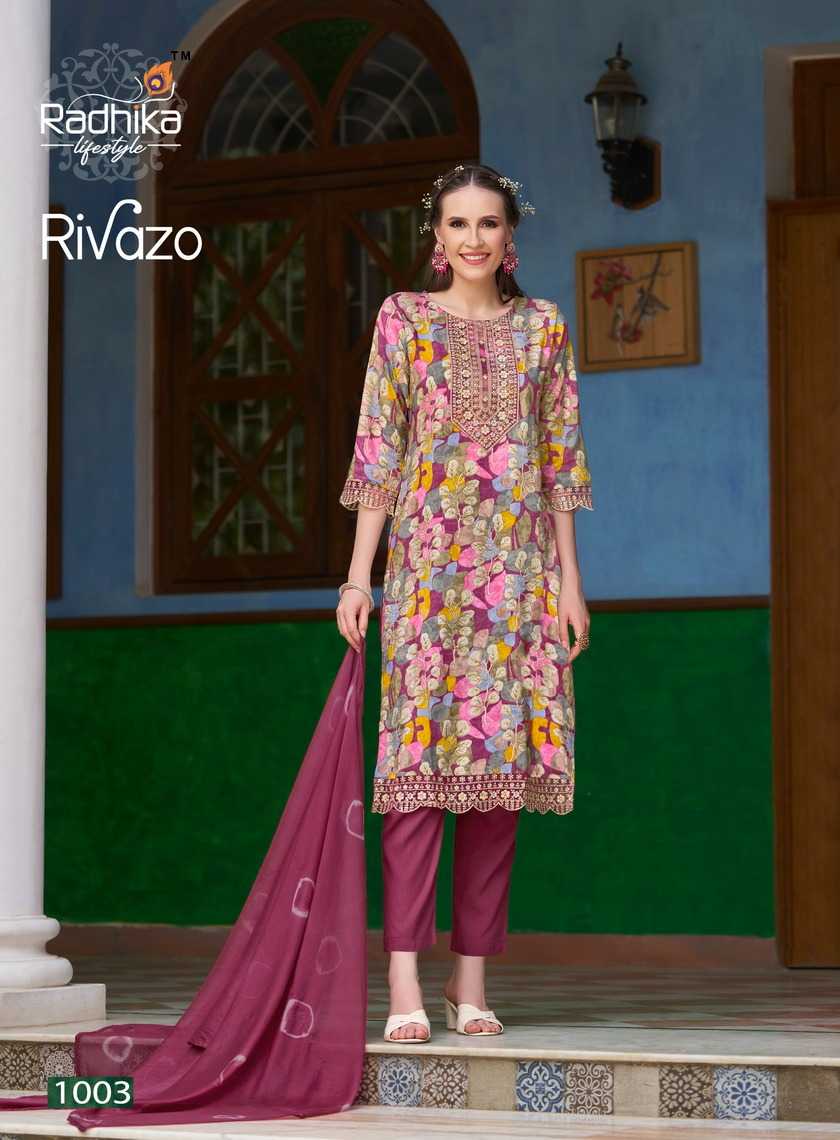 rivazo vol 1 by radhika embroidery work full stitch pretty look big size 3pcs dress