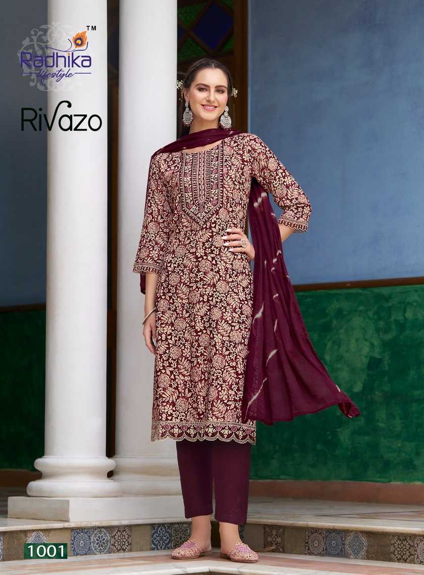 rivazo vol 1 by radhika embroidery work full stitch pretty look big size 3pcs dress